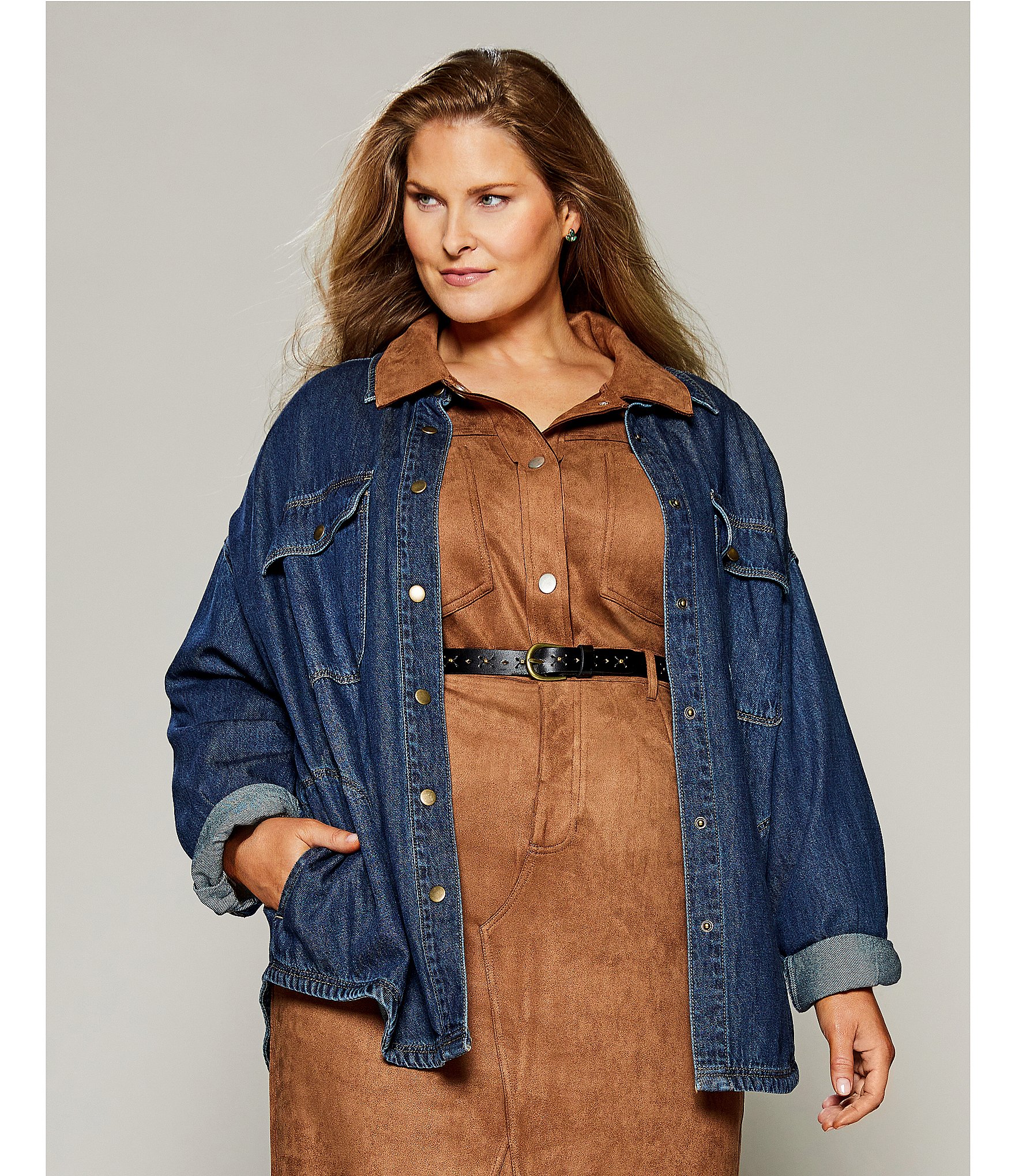 Westbound Plus Size Long Sleeve Point Collar Suede Shirt Jacket