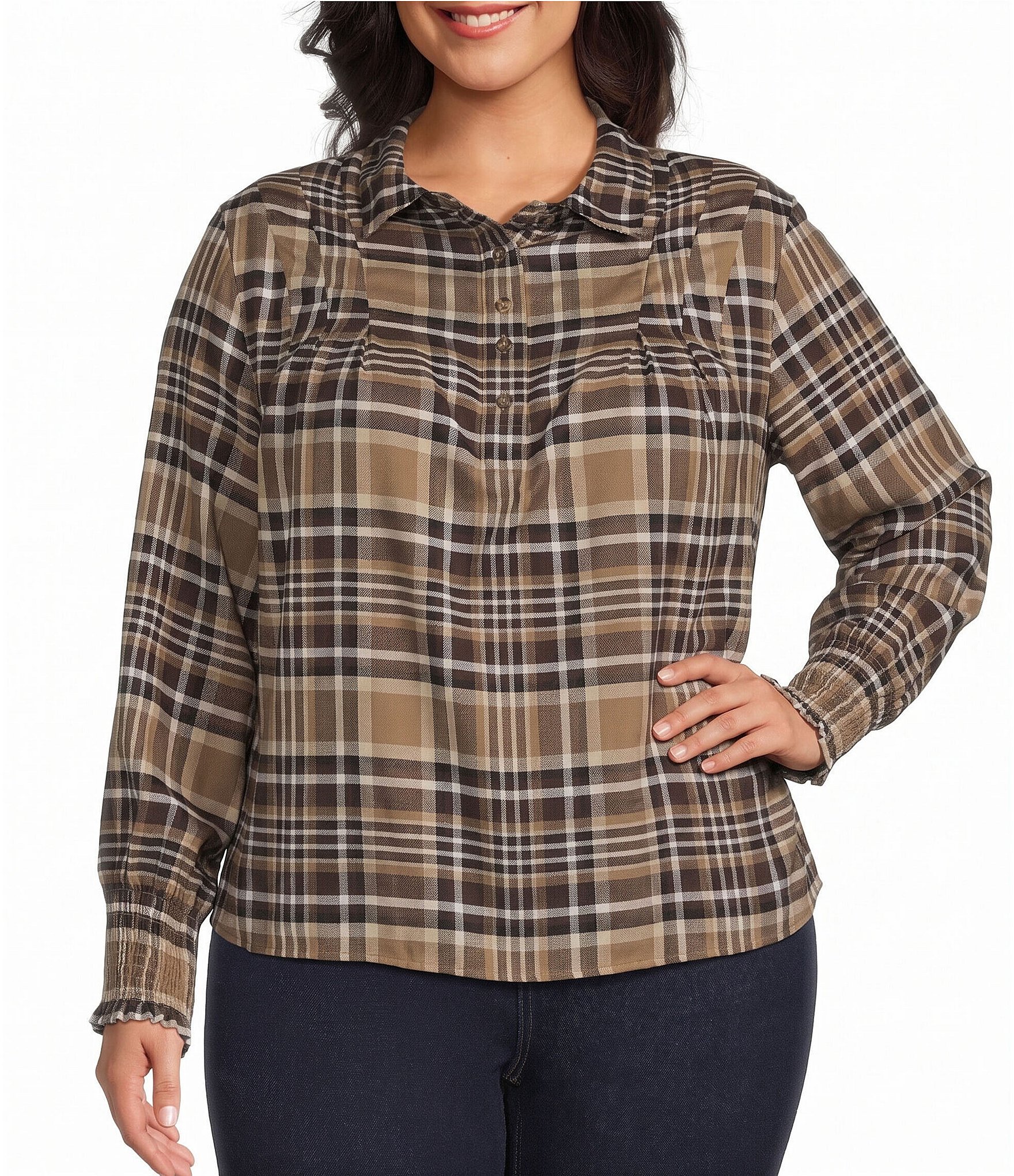 Westbound Plus Size Long Sleeve Y-Neck Button Front Blouse