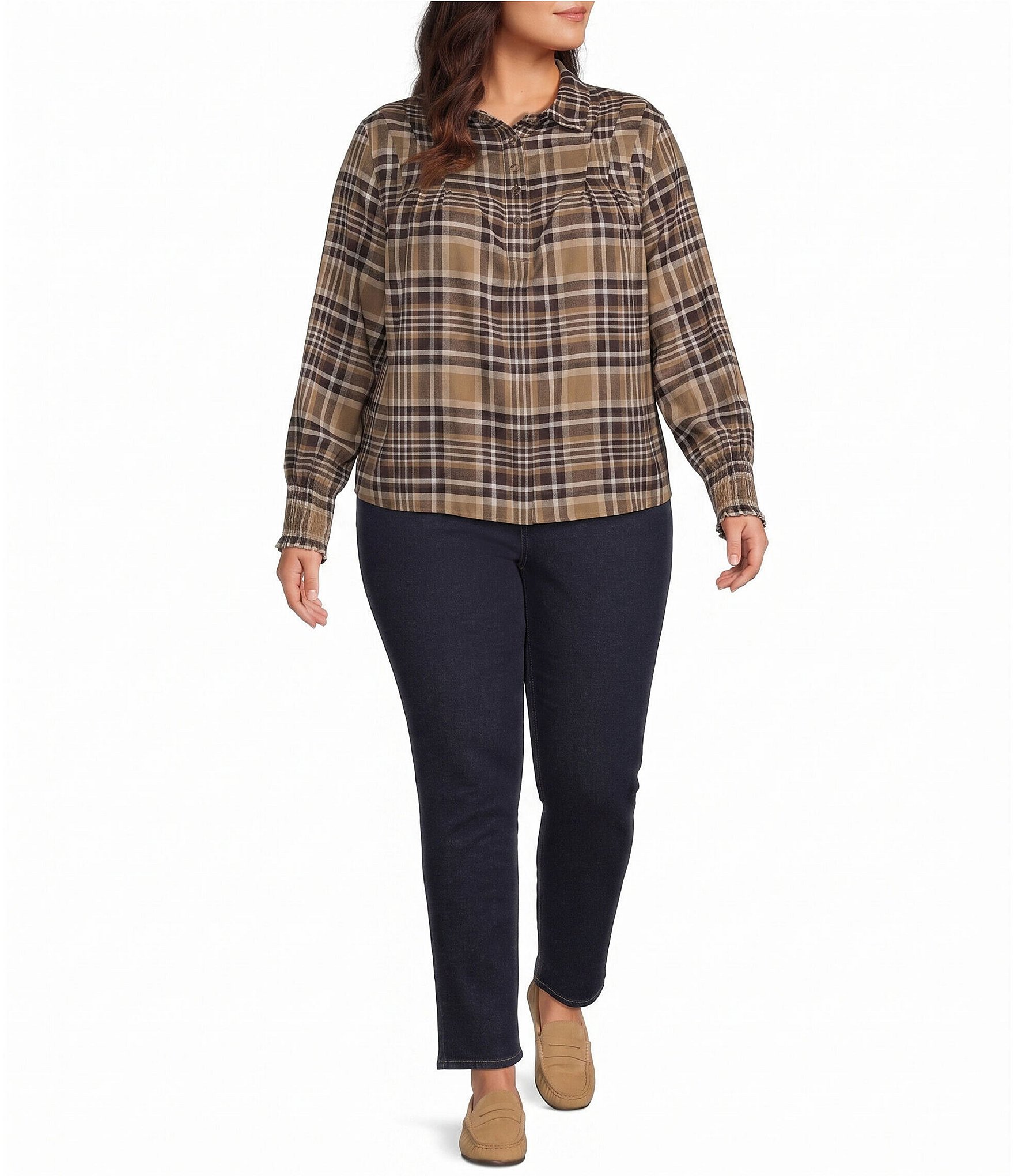 Westbound Plus Size Long Sleeve Y-Neck Button Front Blouse