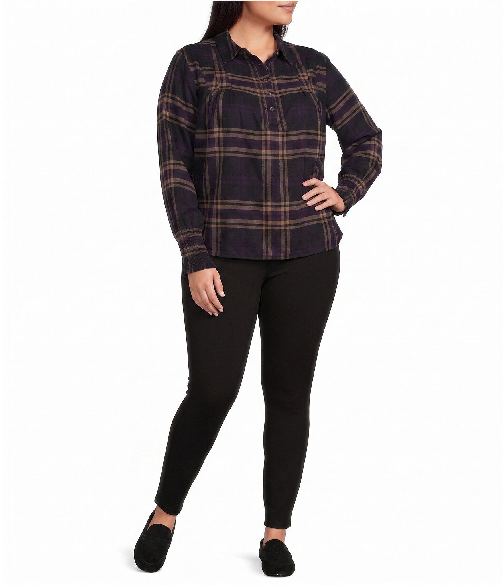 Westbound Plus Size Long Sleeve Y-Neck Button Front Blouse