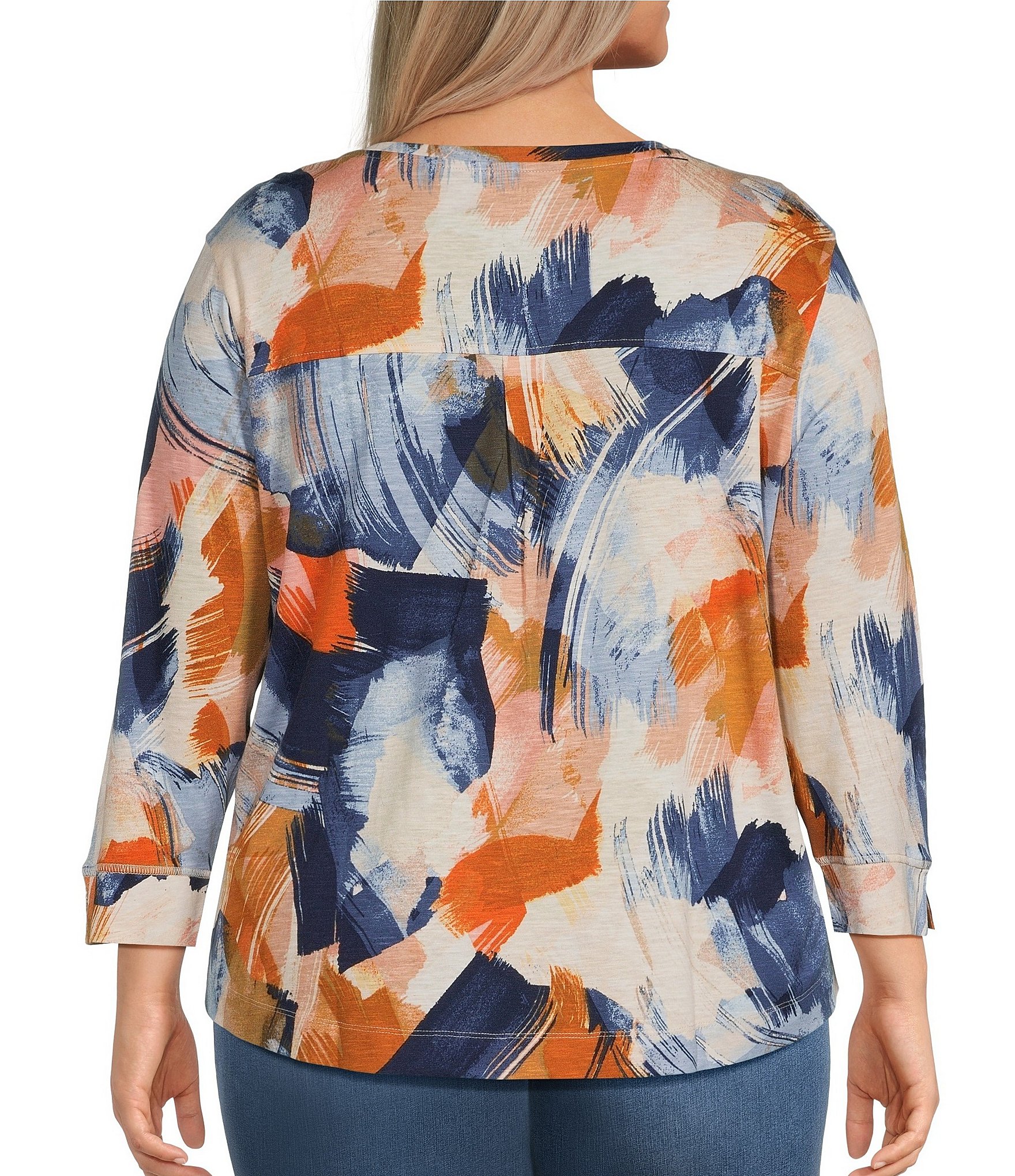 Westbound Plus Size Multi Painted Brushstroke 3/4 Sleeve Knit Crew Neck Top