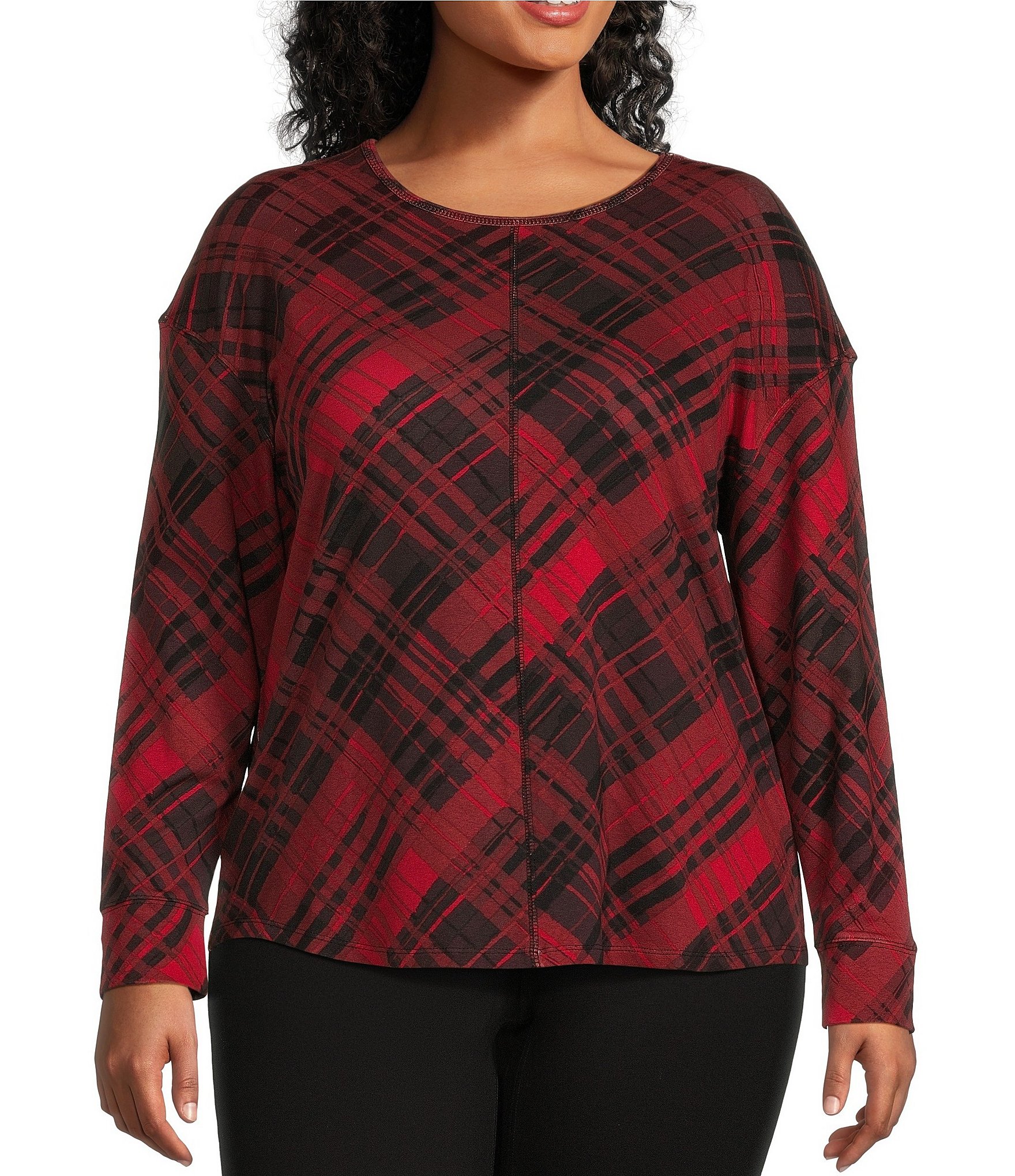 Westbound Plus Size Painterly Plaid Print Round Neck Long Sleeve Knit ...