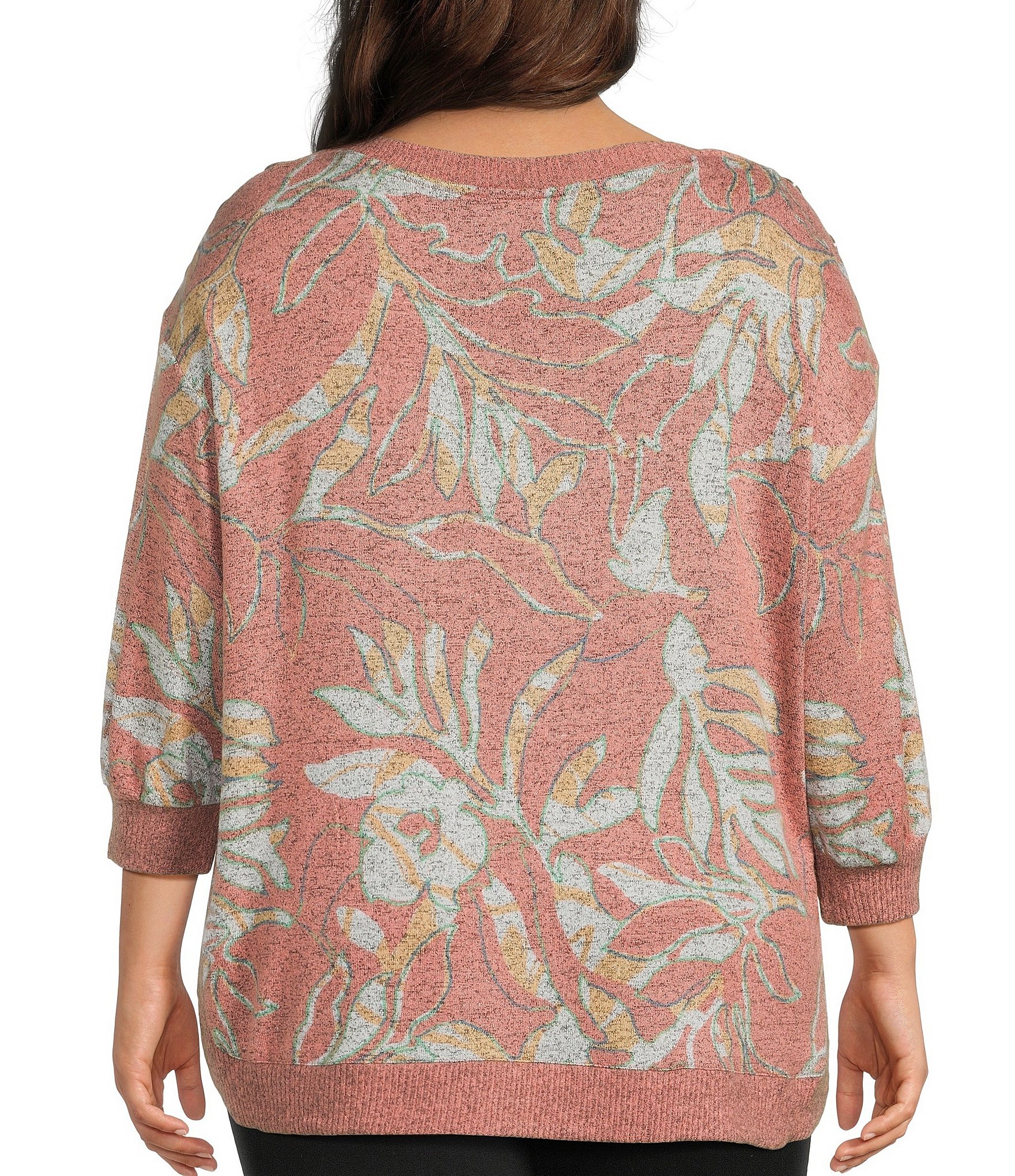 Westbound Plus Size Pink Sunset Leaf Knit Long Sleeve Button Shoulder Pullover Top