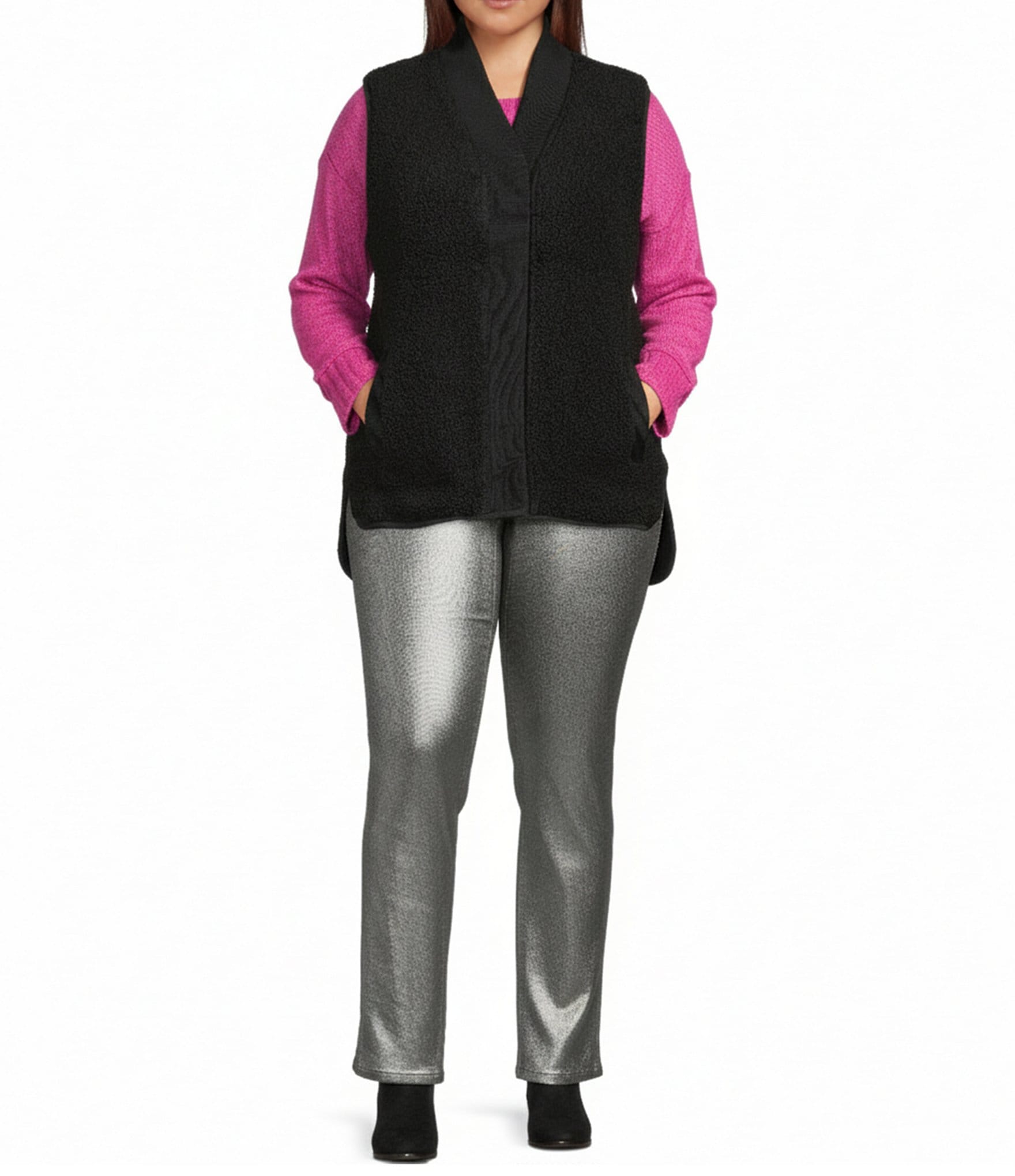 Westbound Plus Size Reversible Sherpa V-Neck Open Front Vest