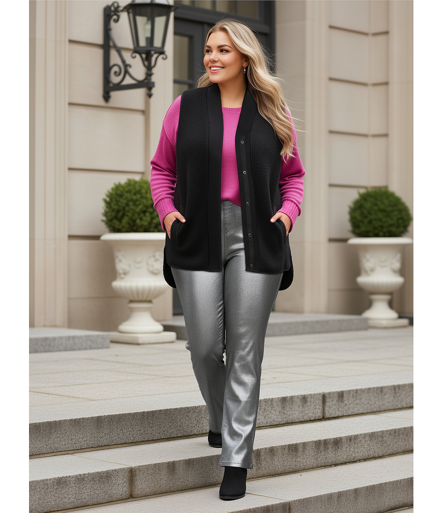 Westbound Plus Size Reversible Sherpa V-Neck Open Front Vest