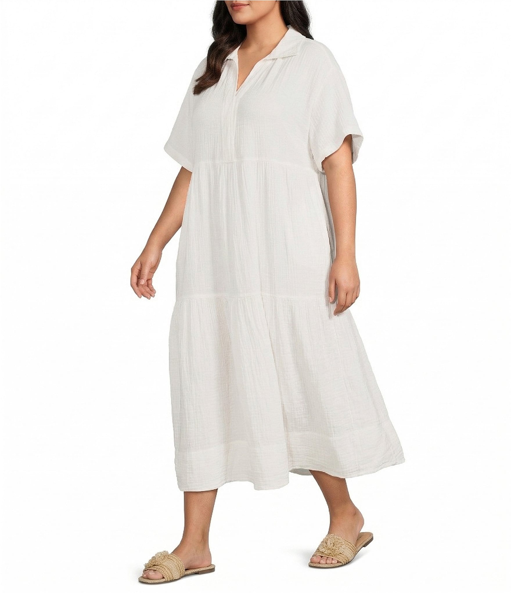 fitted lace wedding dress Generic Plus Size Women's Summer Maxi Dress Short Sleeve Deep V Neck Dress  Sexy Ruched Waist Casual Loose Slit Side Long Beach Vacation Dresses（White ,4X-Large at Amazon Women's Clothing store main image 0
