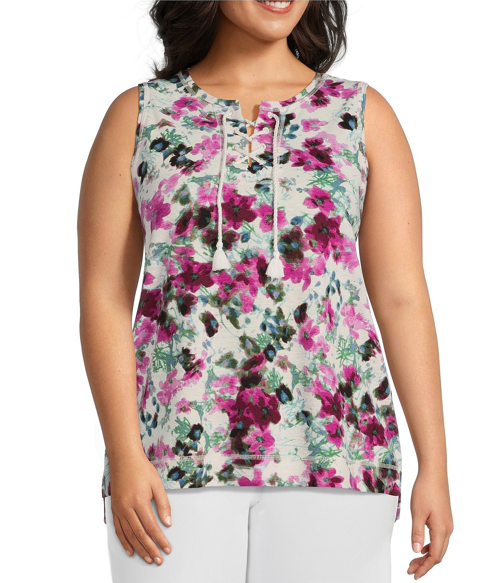 Westbound Plus Size Sleeveless Breezy Bloom Print Lace Up Knit Tank ...