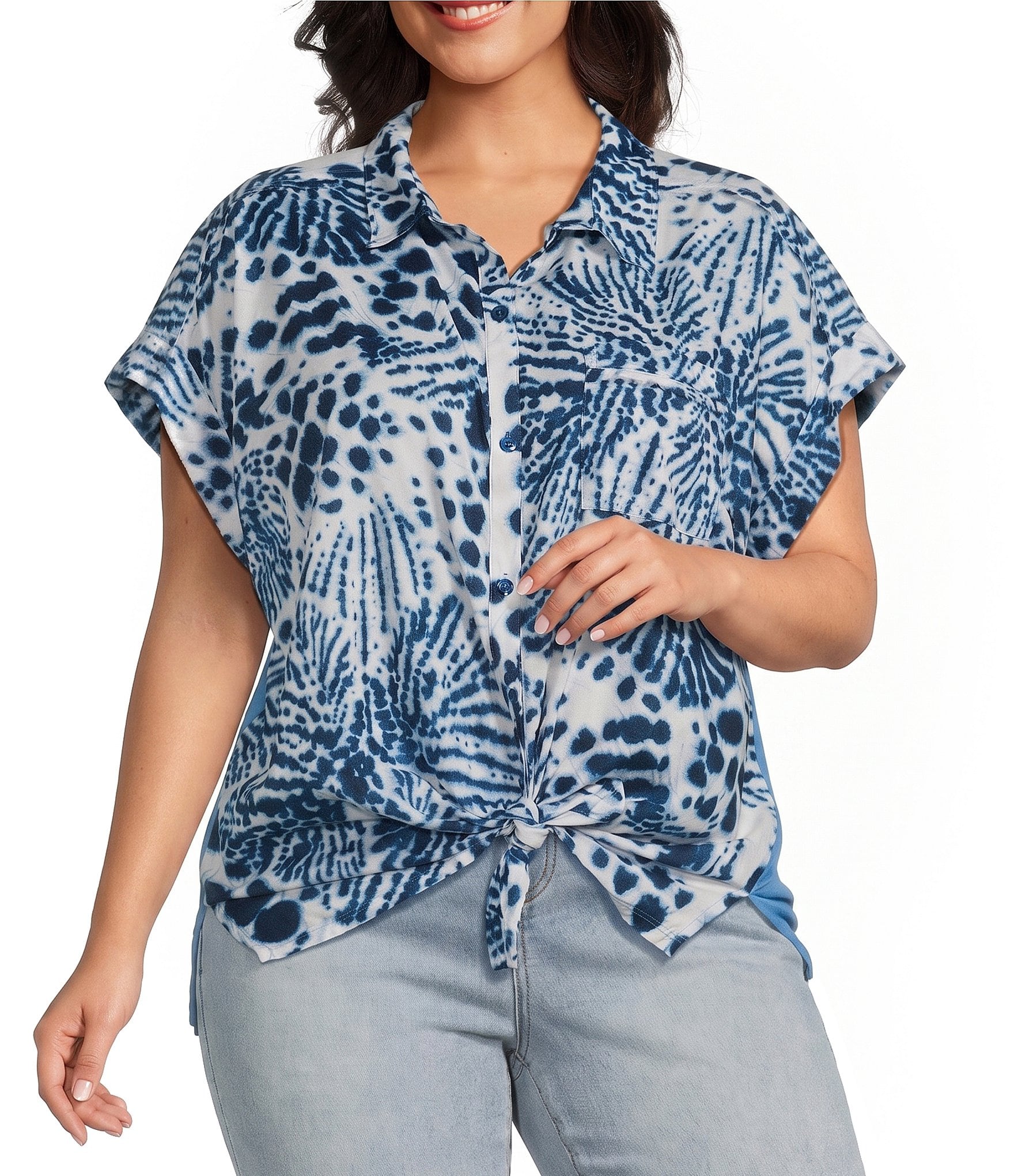 Westbound Plus Size Splatter Dots Print Woven Button Front Top