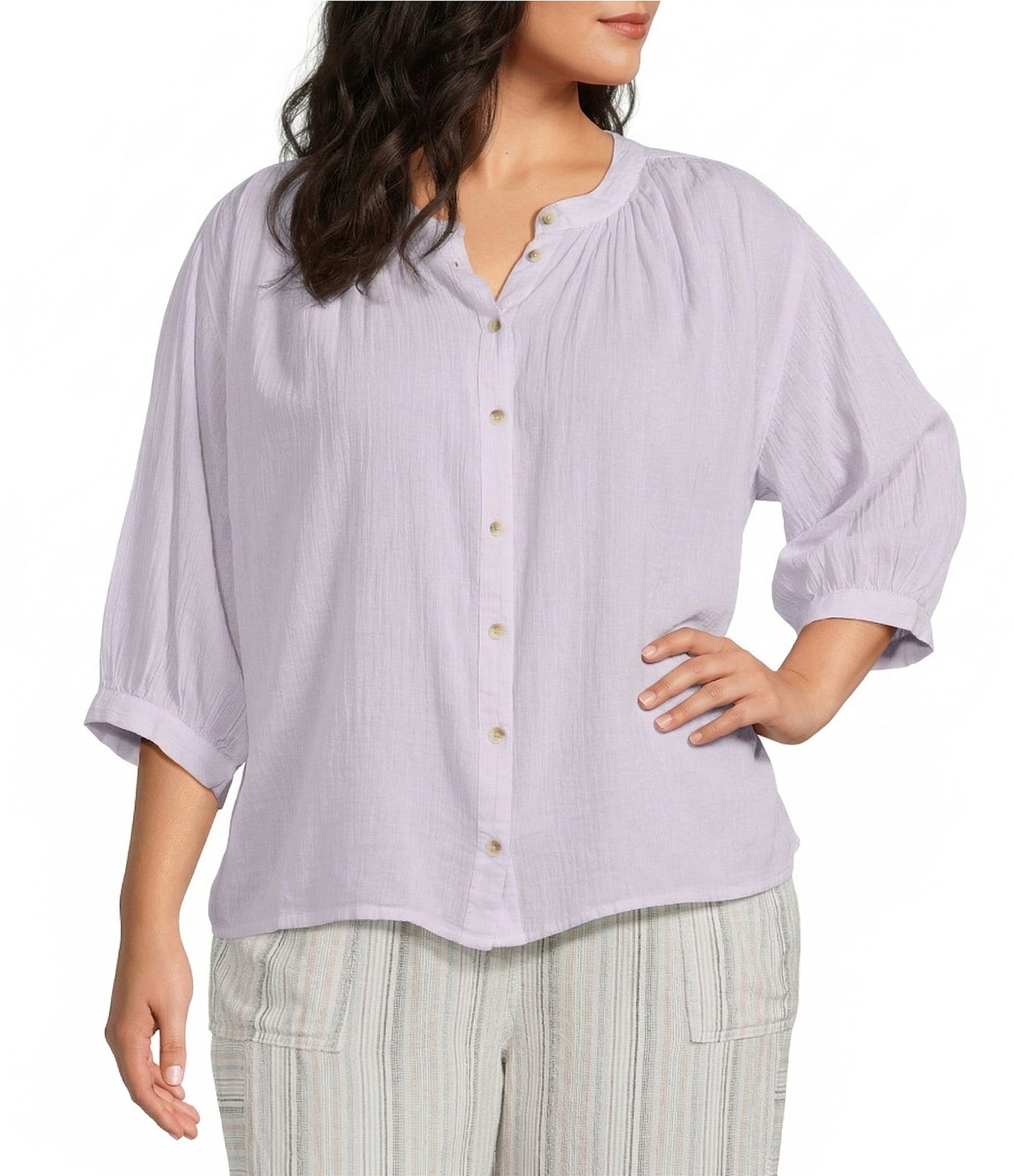 Westbound Plus Size Banded Collar 3/4 Sleeve Button Front Top