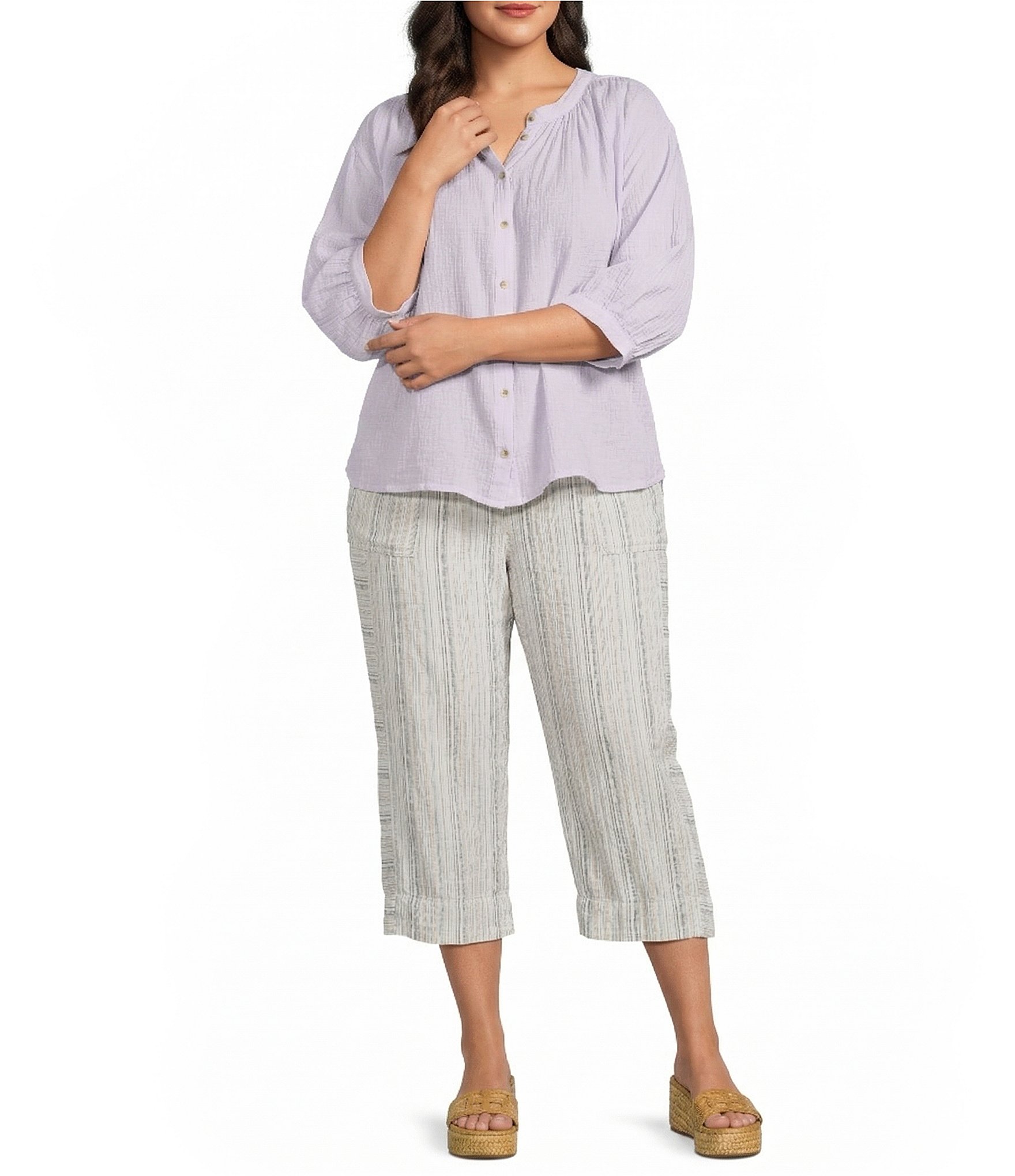 Westbound Plus Size Banded Collar 3/4 Sleeve Button Front Top