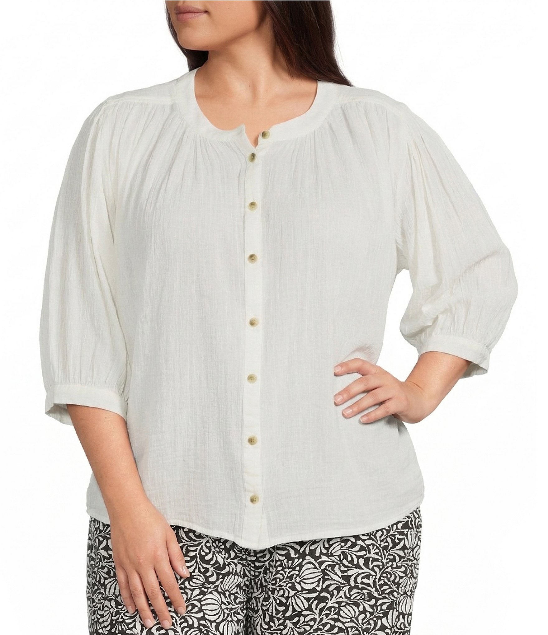 Westbound Plus Size Banded Collar 3/4 Sleeve Button Front Top