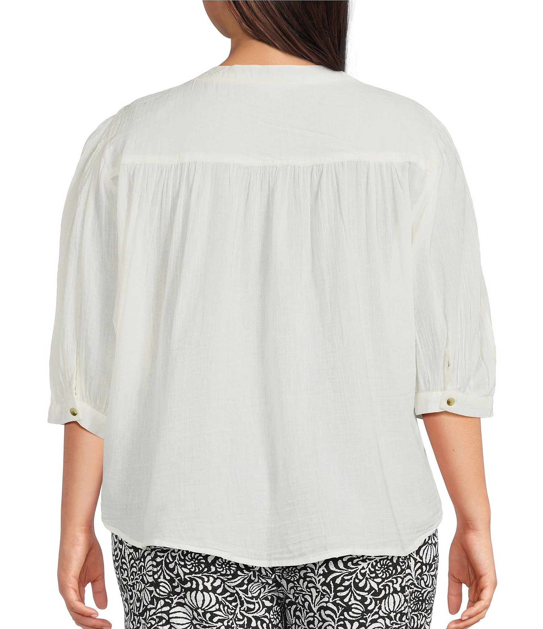 Westbound Plus Size Banded Collar 3/4 Sleeve Button Front Top