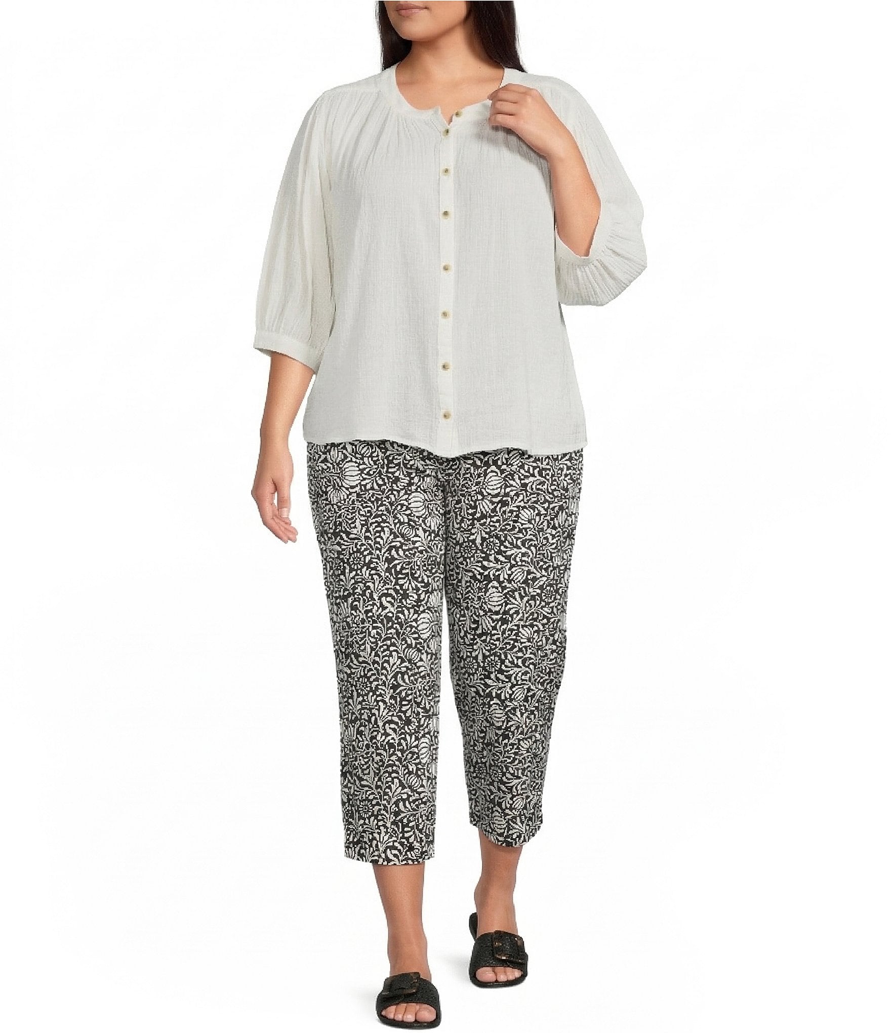 Westbound Plus Size Banded Collar 3/4 Sleeve Button Front Top