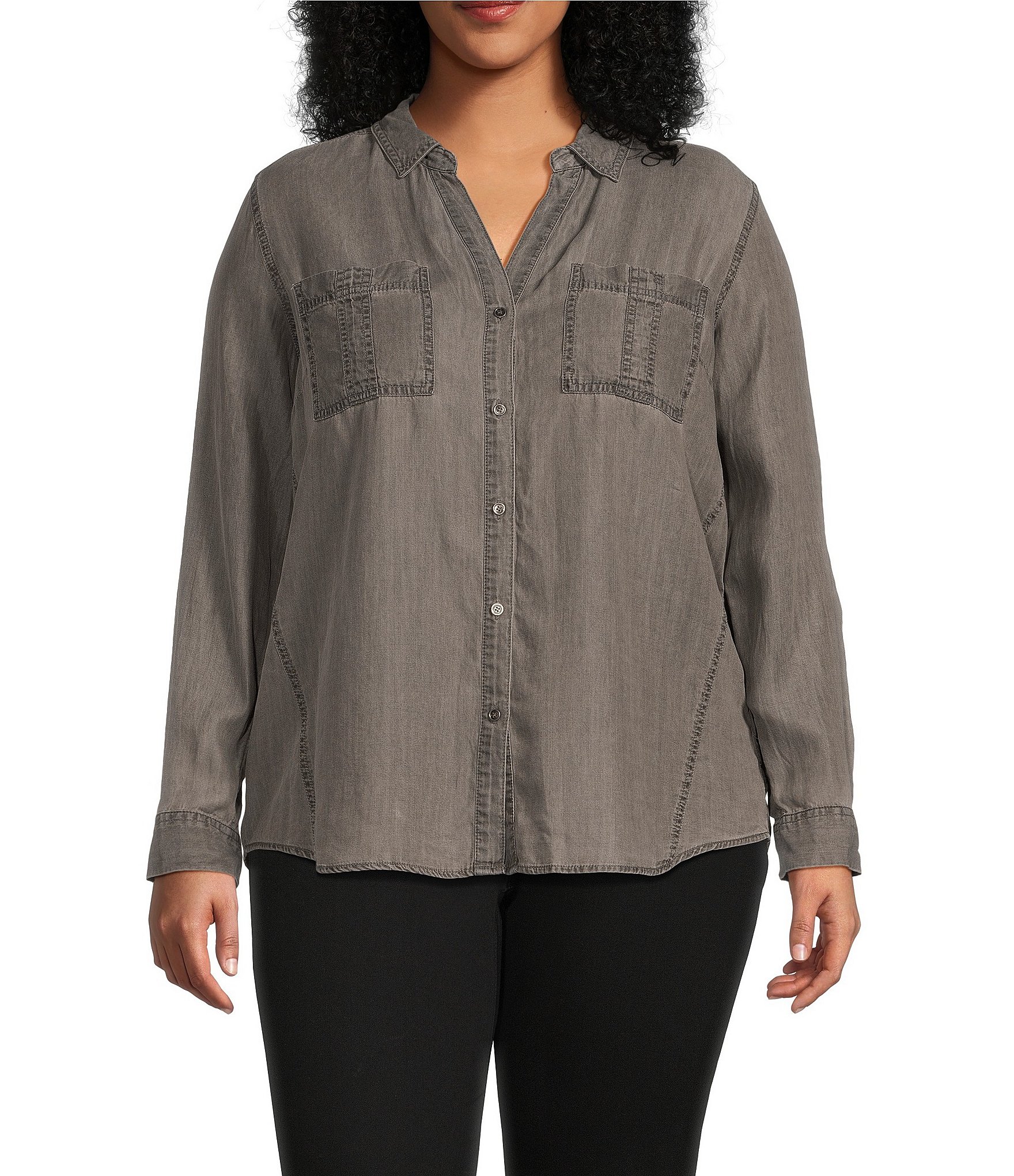 Westbound Plus Size Woven Chambray Long Roll-Tab Sleeve Point Collar Y-Neck Button Front Shirt