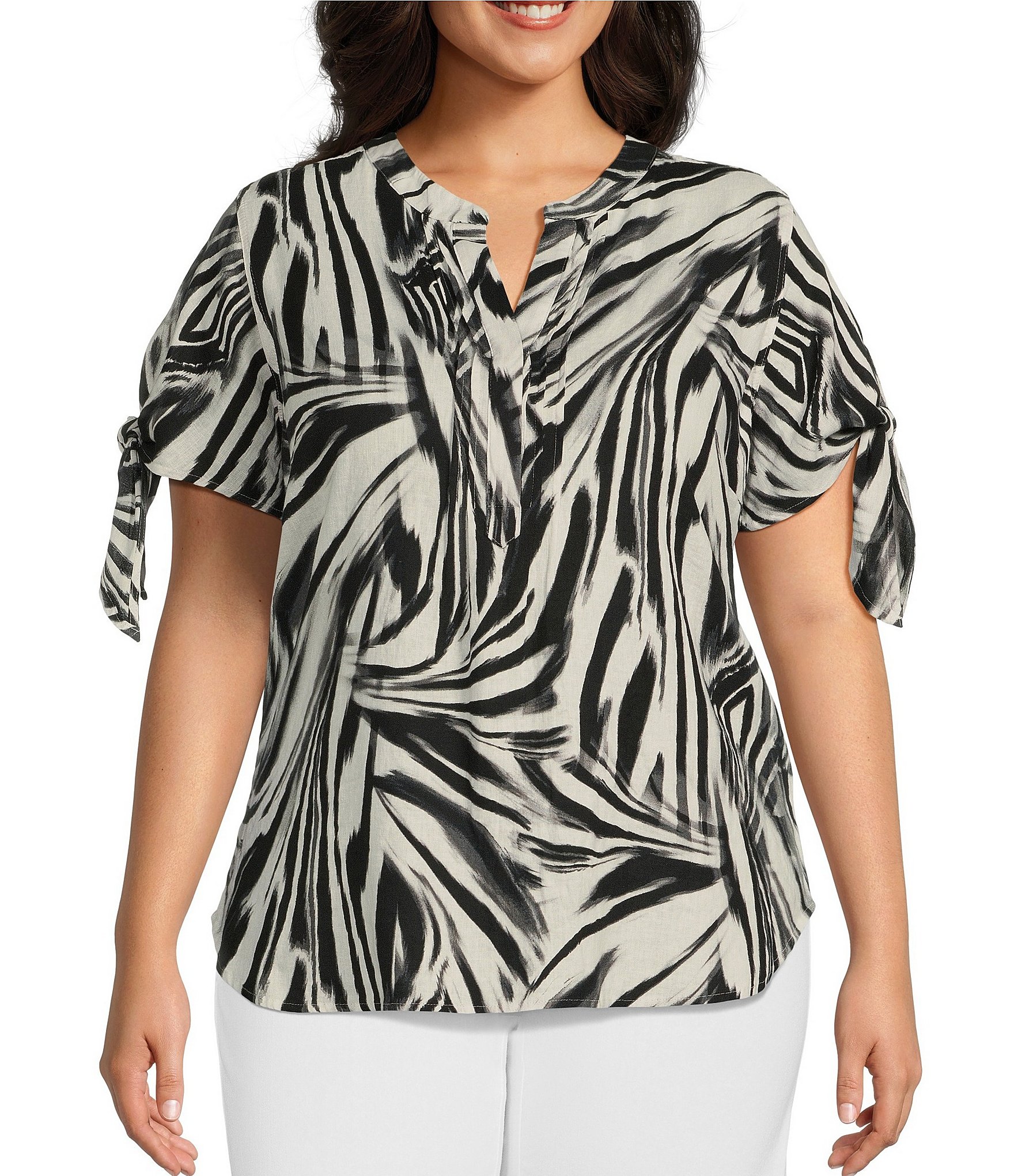 Westbound Plus Size Zebra Printed Tie Short Sleeve Y-Neck Top | Dillard's