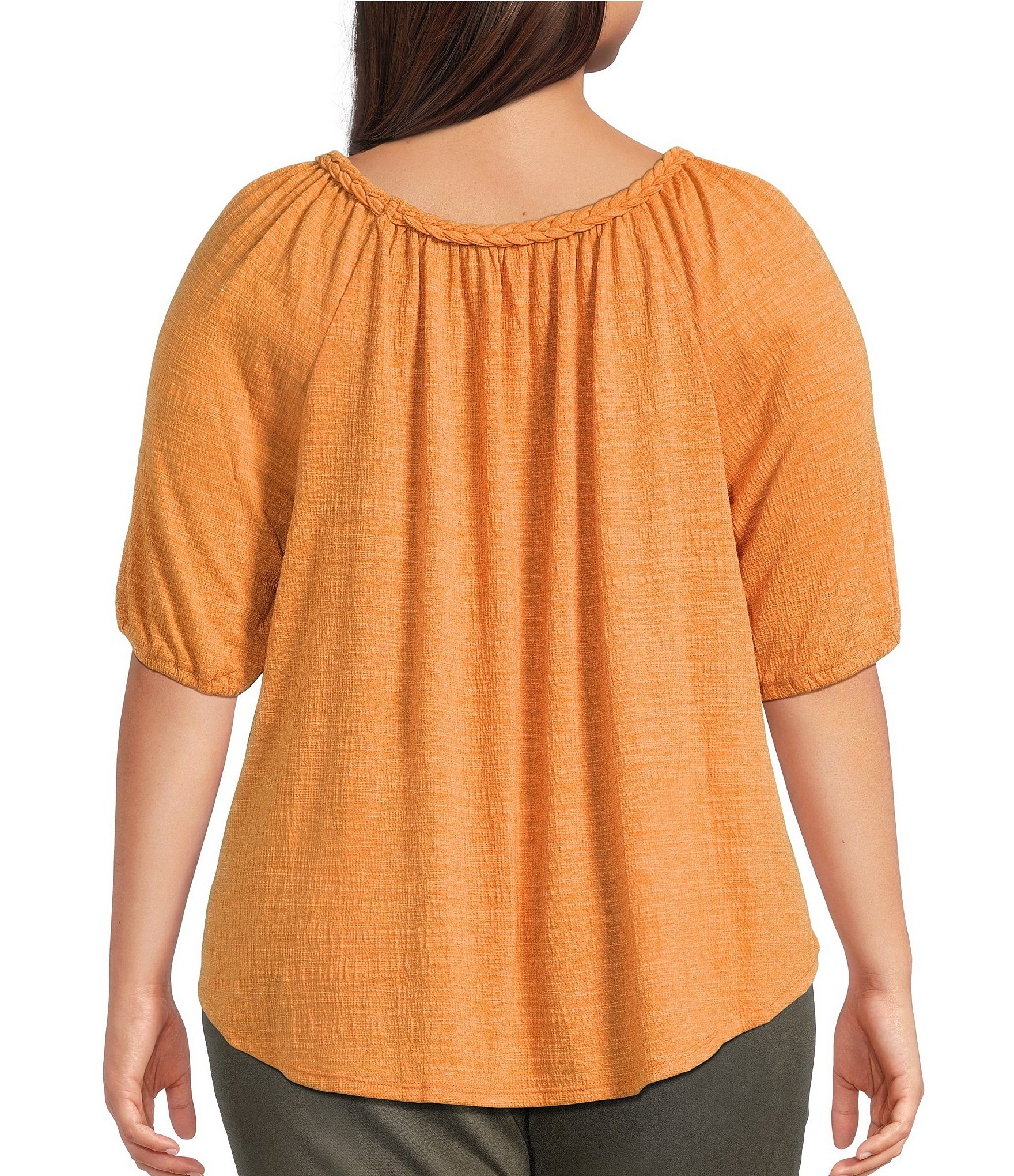 Westbound Plus Solid Braided Elbow Sleeve Crew Neck Knit Top
