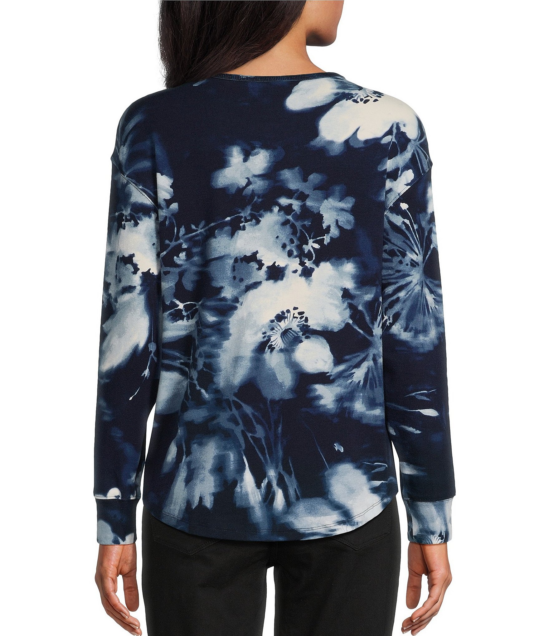 Westbound Pressed Dandelion Print Round Neck Long Sleeve Knit Tee Shirt