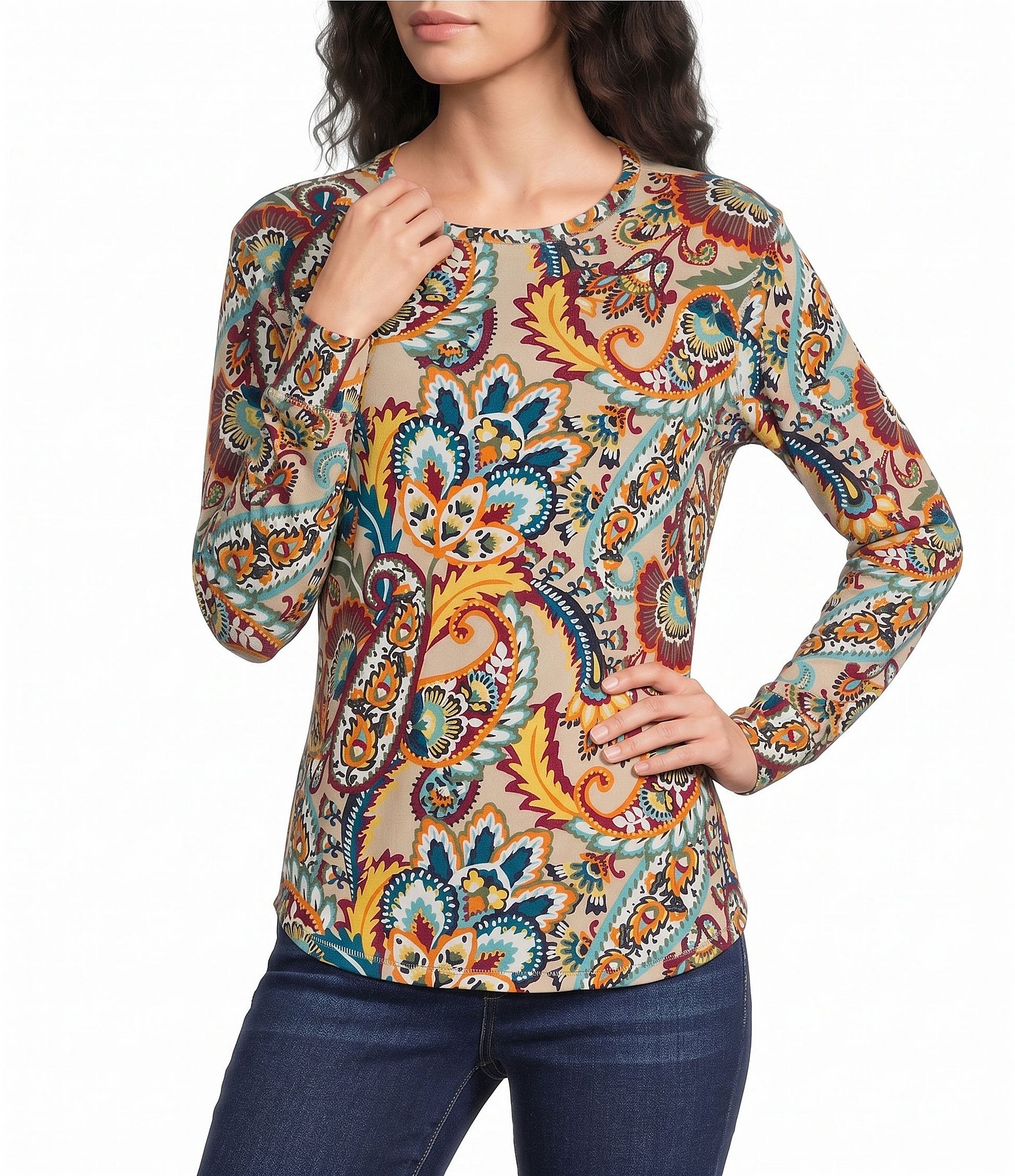 Westbound Print Long Sleeve Crew Neck Knit Tee