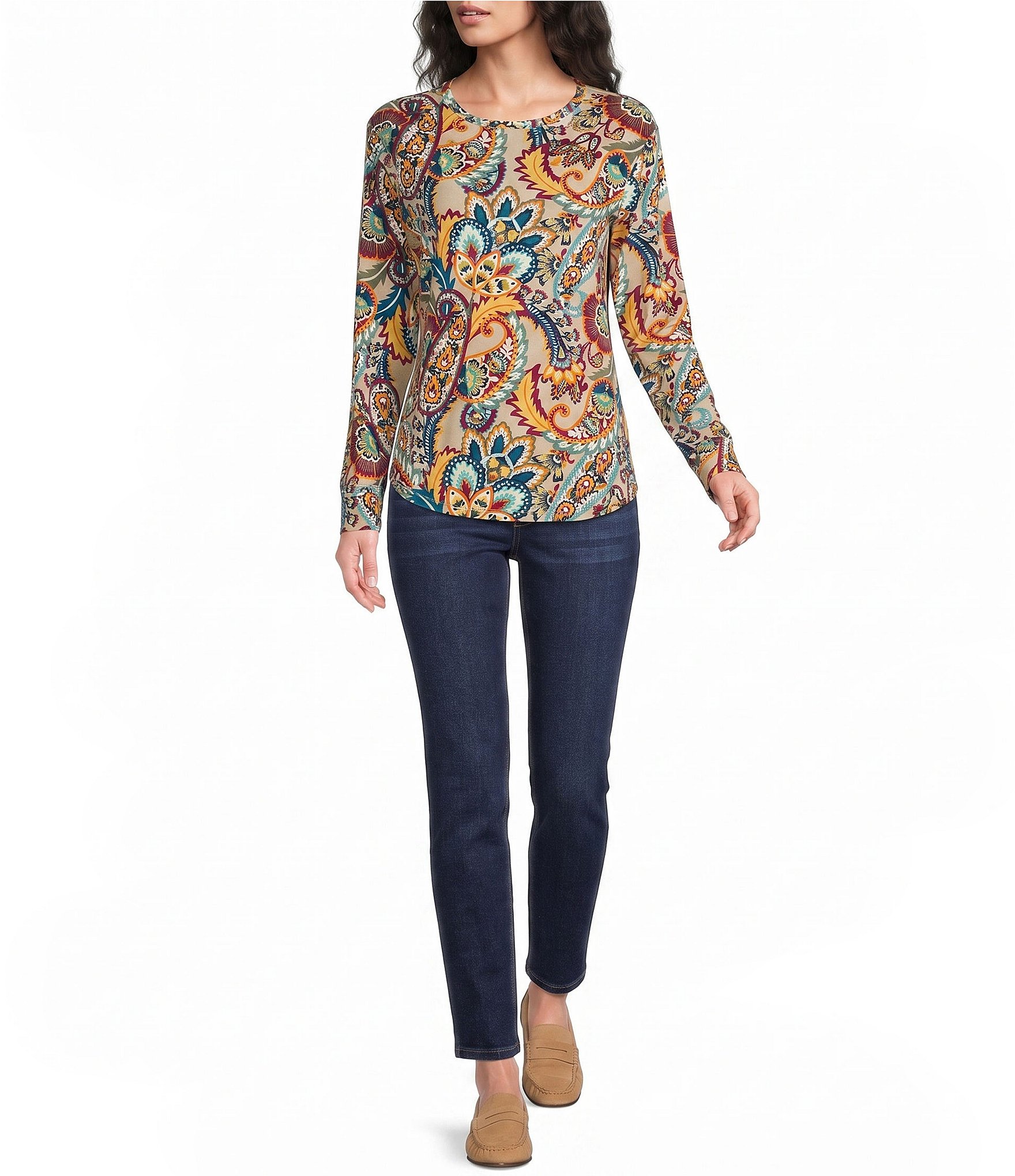 Westbound Print Long Sleeve Crew Neck Knit Tee