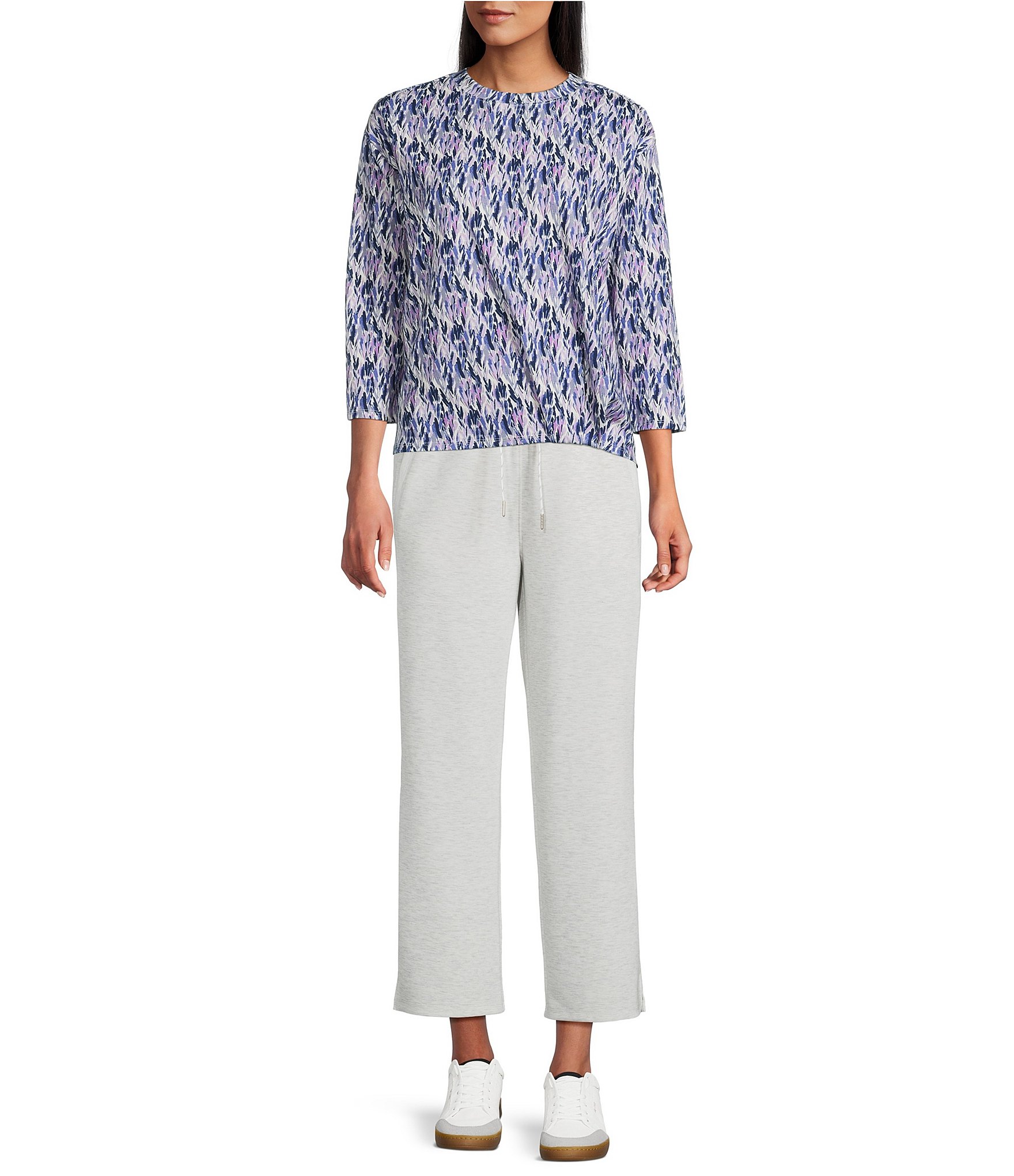 Westbound Printed Crew neck 3/4 Sleeve Pleated Side Tuck Hem Top