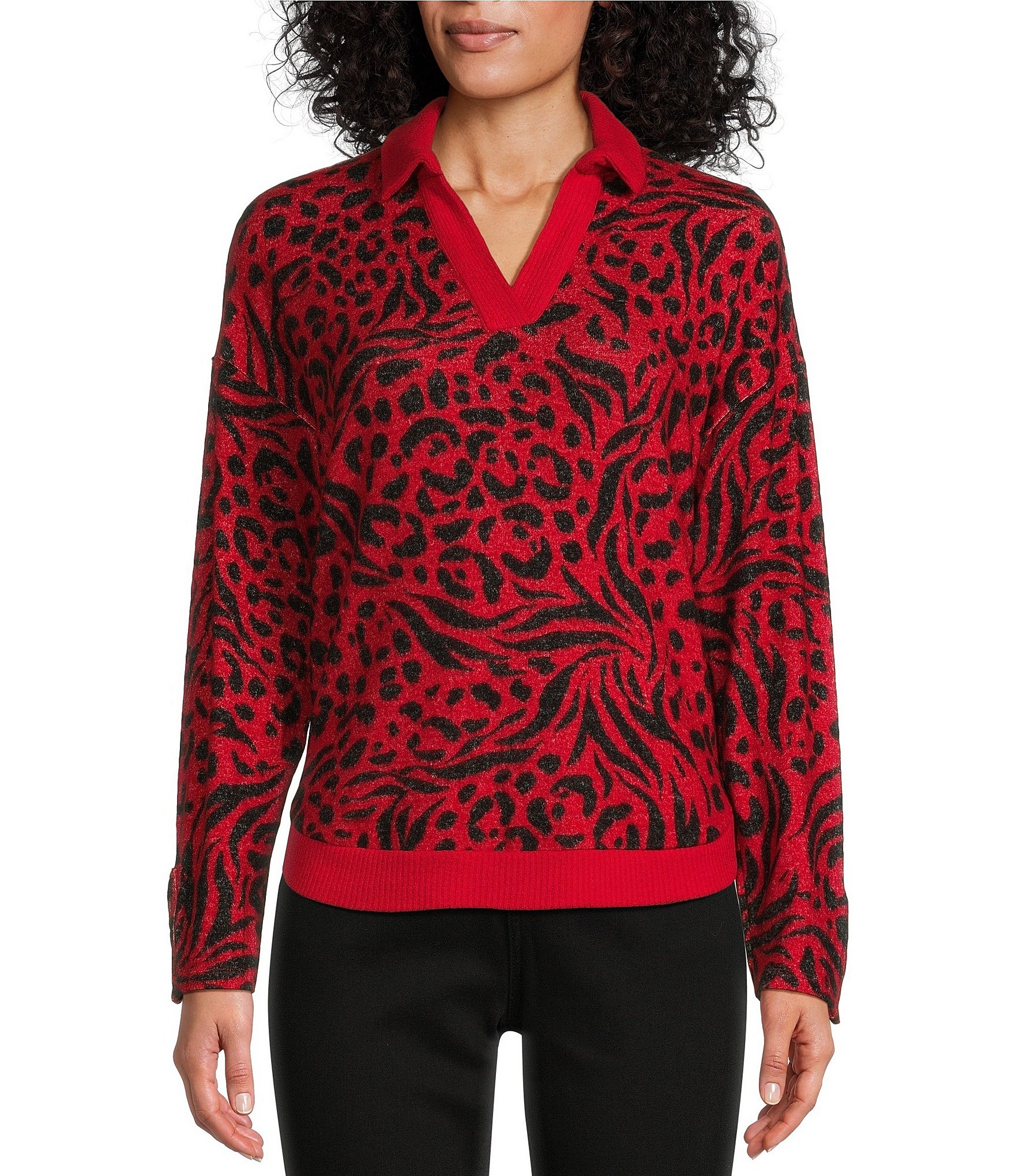 Westbound Red Zebra Leopard Print Long Sleeve Collared Pullover