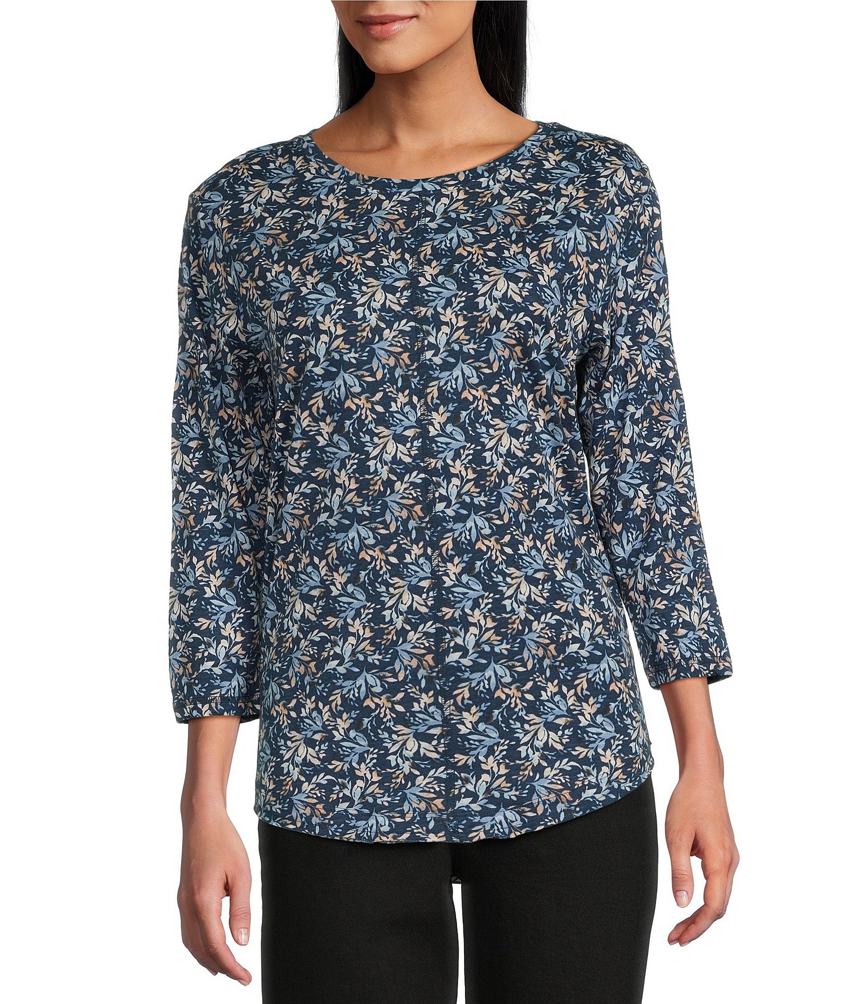 Westbound Shadow Garden Floral 3/4 Sleeve Knit Crew Neck Top
