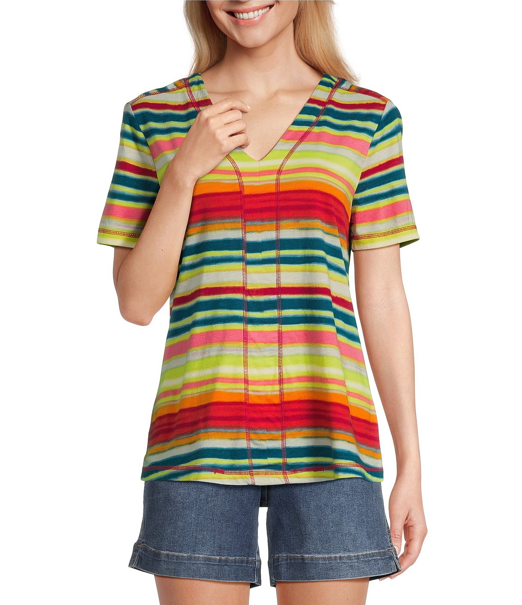 Westbound Shimmering Stripe Short Sleeve V-Neck Top | Dillard's Westbound Shimmering Stripe Short Sleeve V-Neck Top | Dillard's