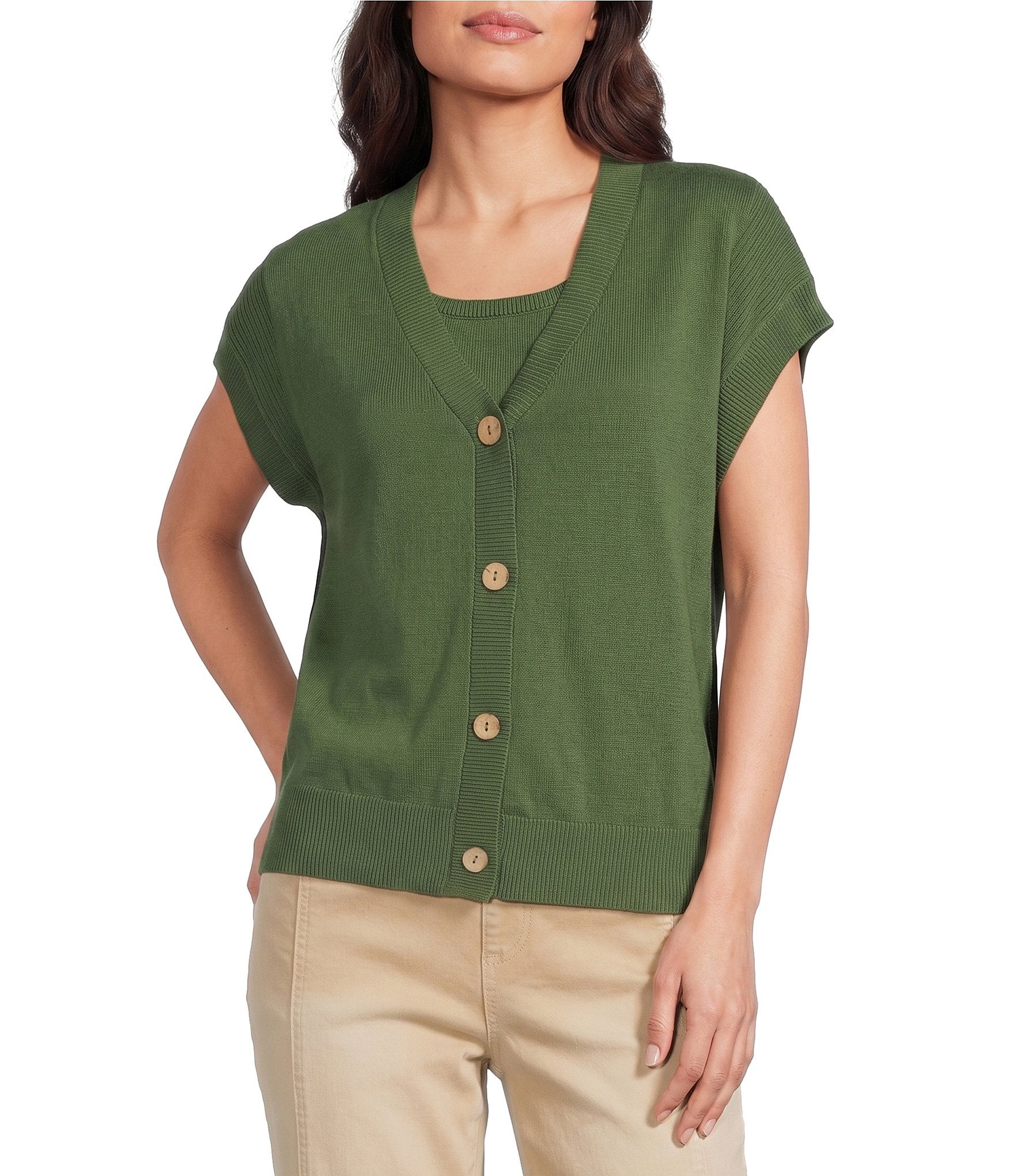 Westbound Short Sleeve Y-Neck Button Front Cardigan