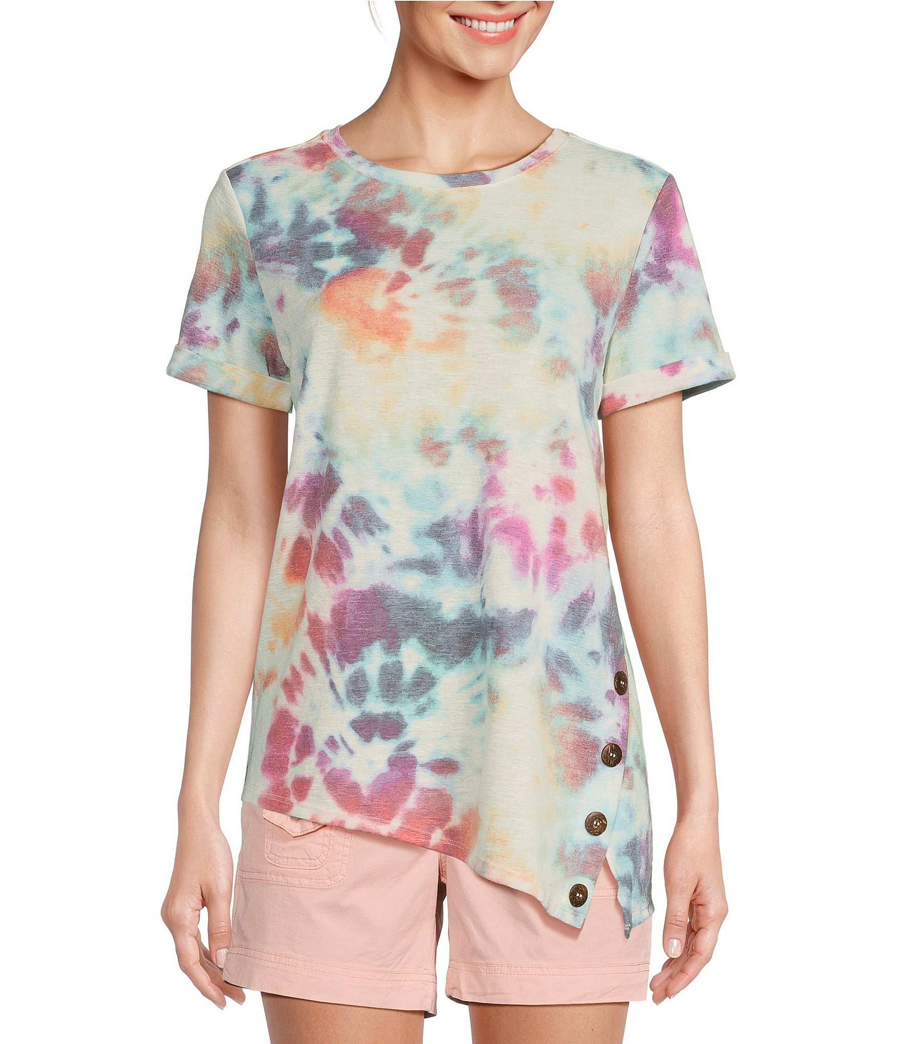 Westbound Spiral Tie Dye Print Short Sleeve Asymmetrical Hem Crew Neck ...