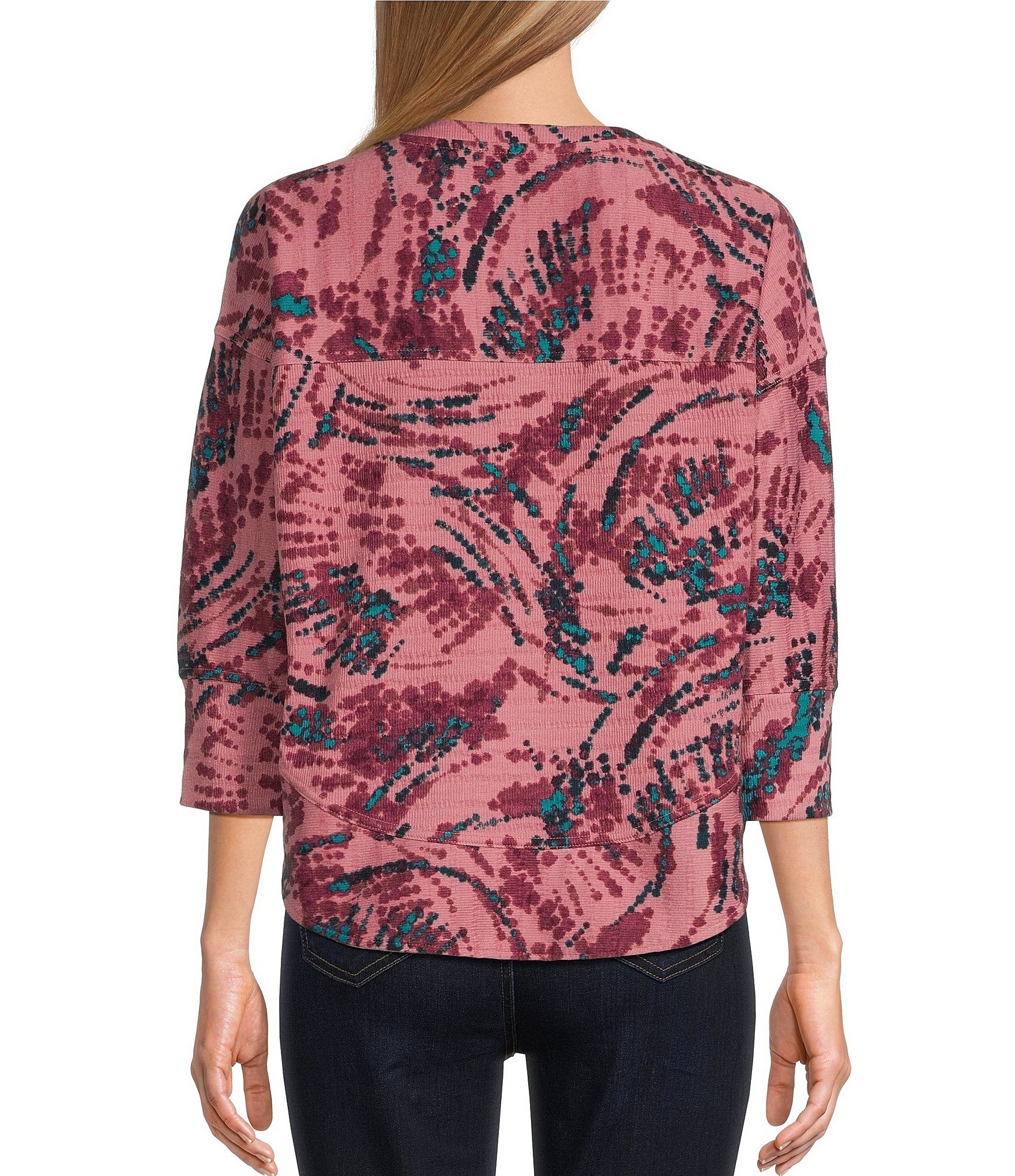 Westbound Splatch Swirl Print 3/4 Sleeve Henley Curved Hem Top