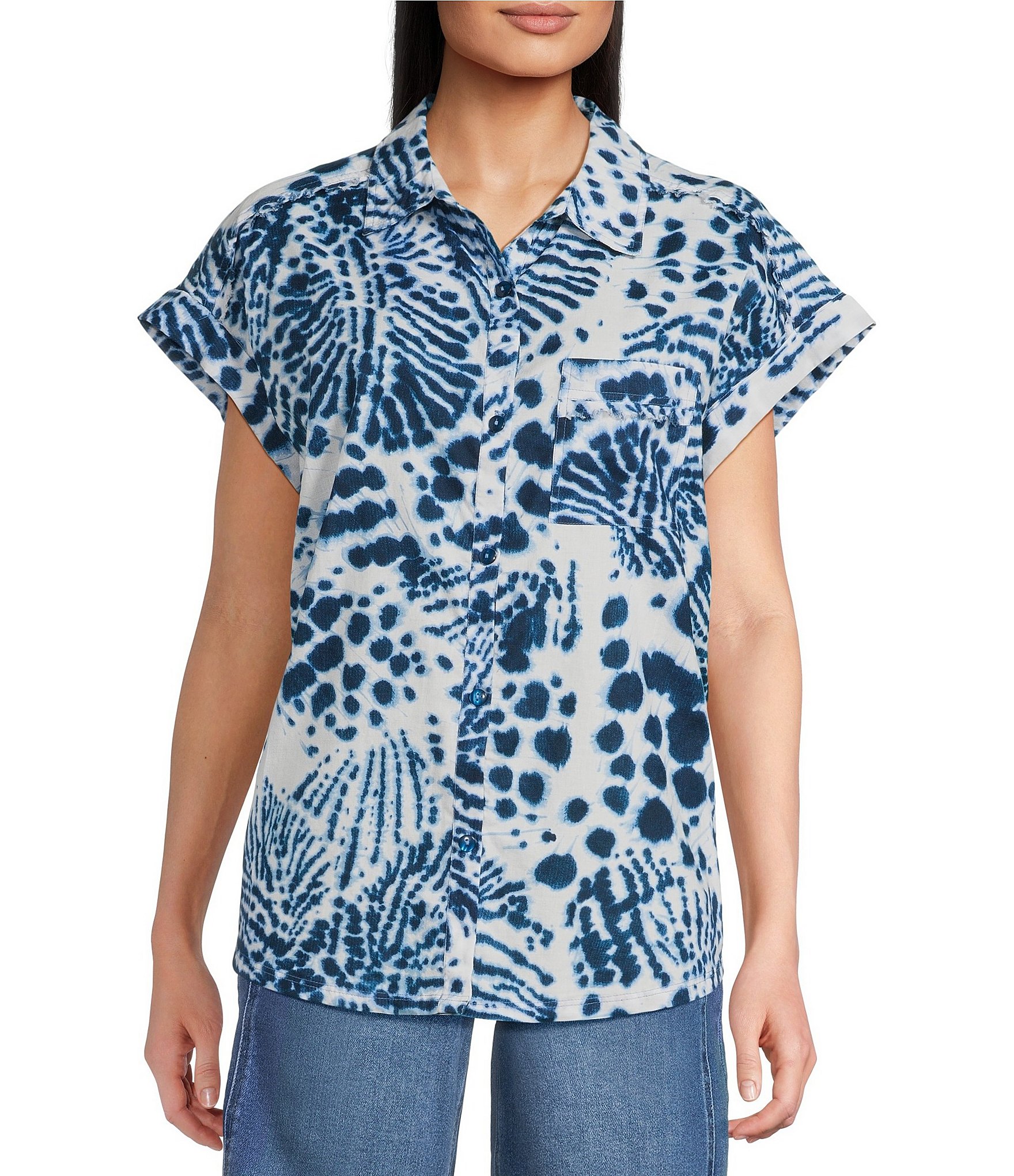 Westbound Splatter Dots Print Button Front Tie Hem Top