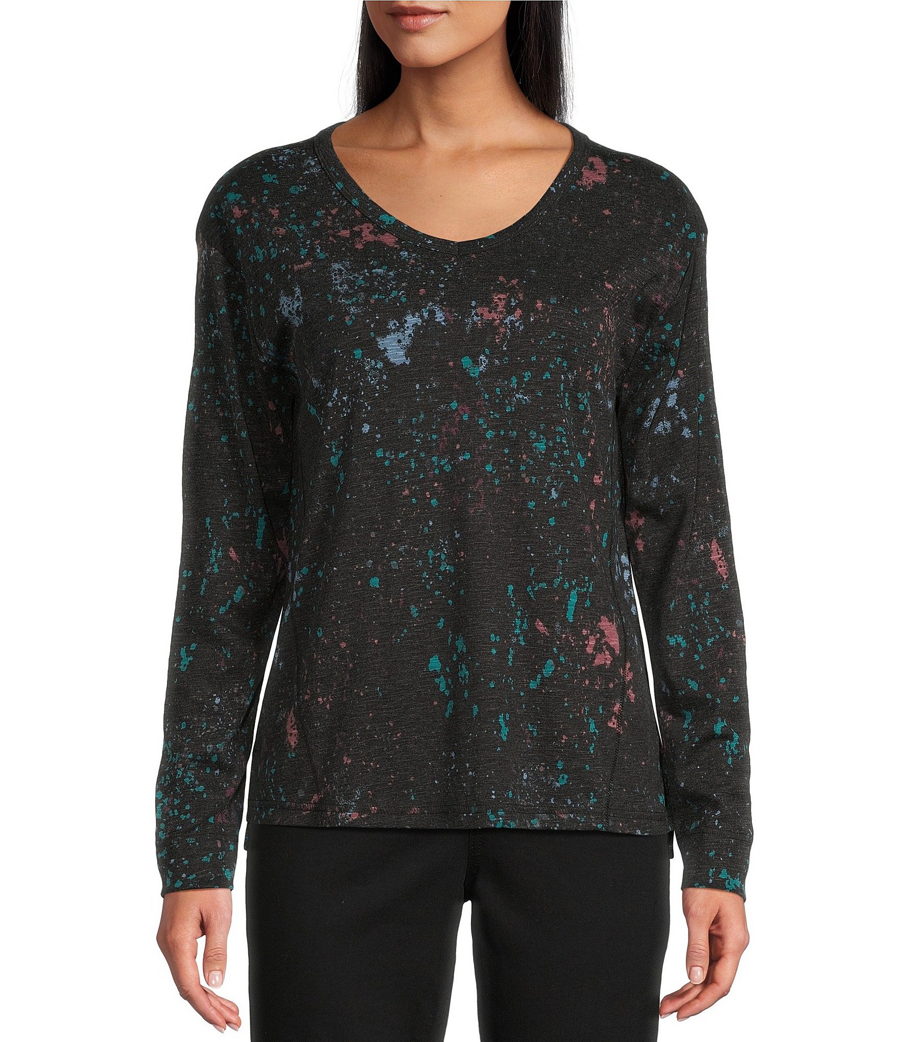 Westbound Splatter Print Knit Long Sleeve V-Neck Top | Dillard's