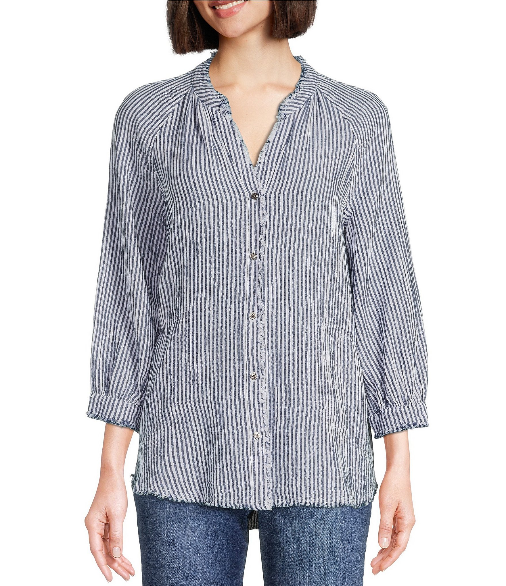 Westbound Stripe Print 3/4 Sleeve Y-Neck Button Front Double Gauze ...