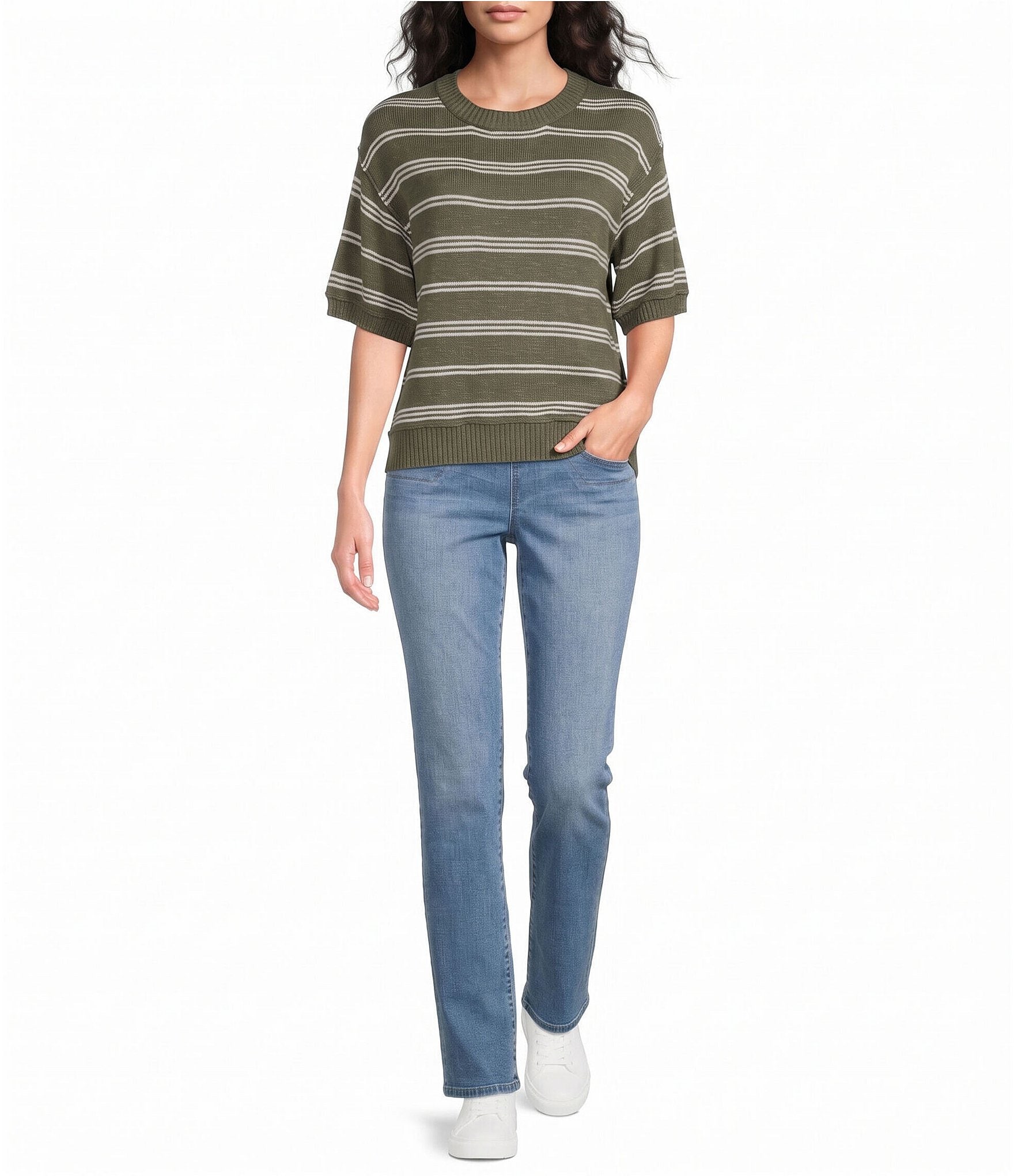 Westbound Stripe Short Sleeve Crew Neck Sweater Top