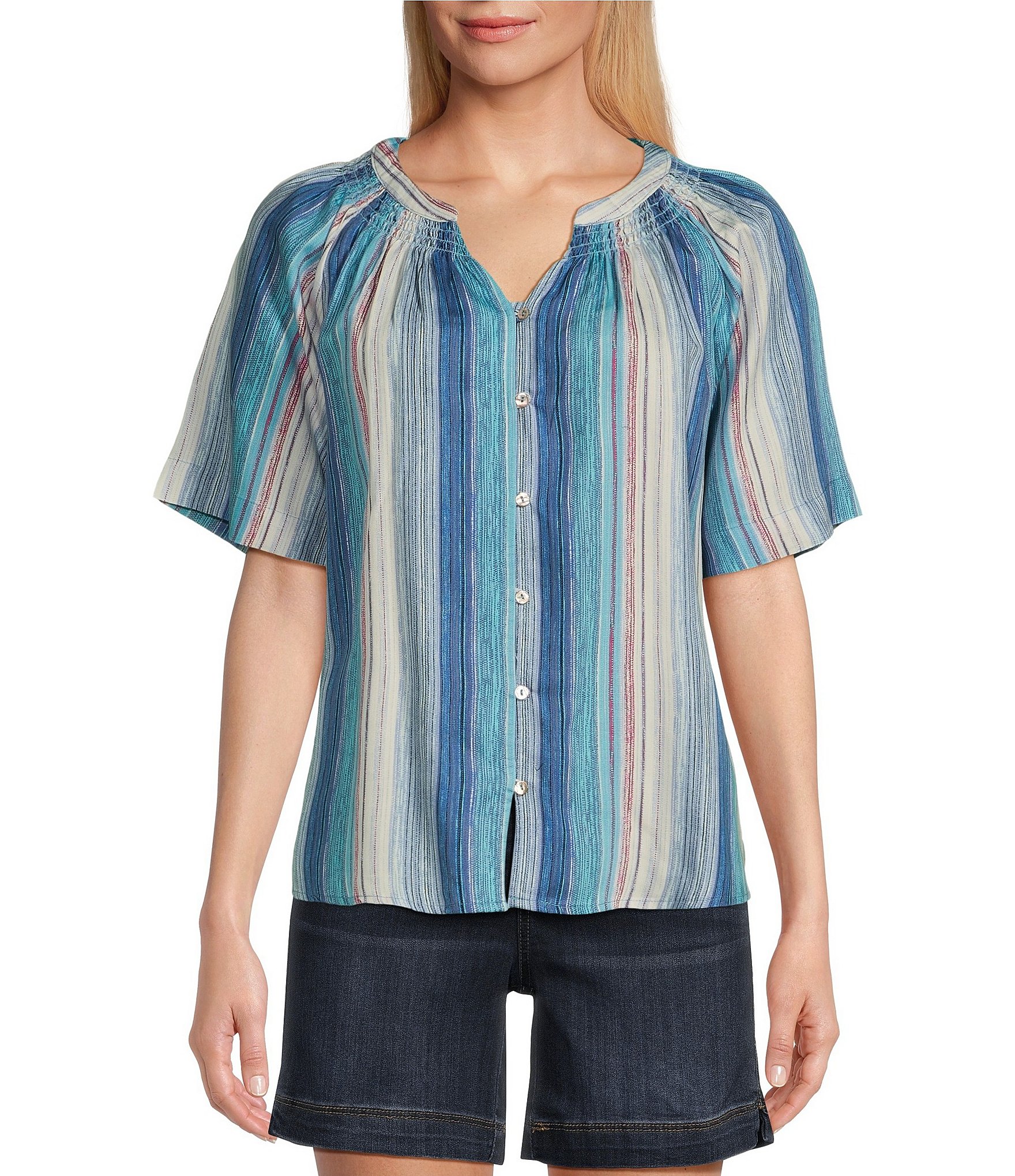 Westbound Stripe Woven Short Sleeve Y-Neck Button Front Top