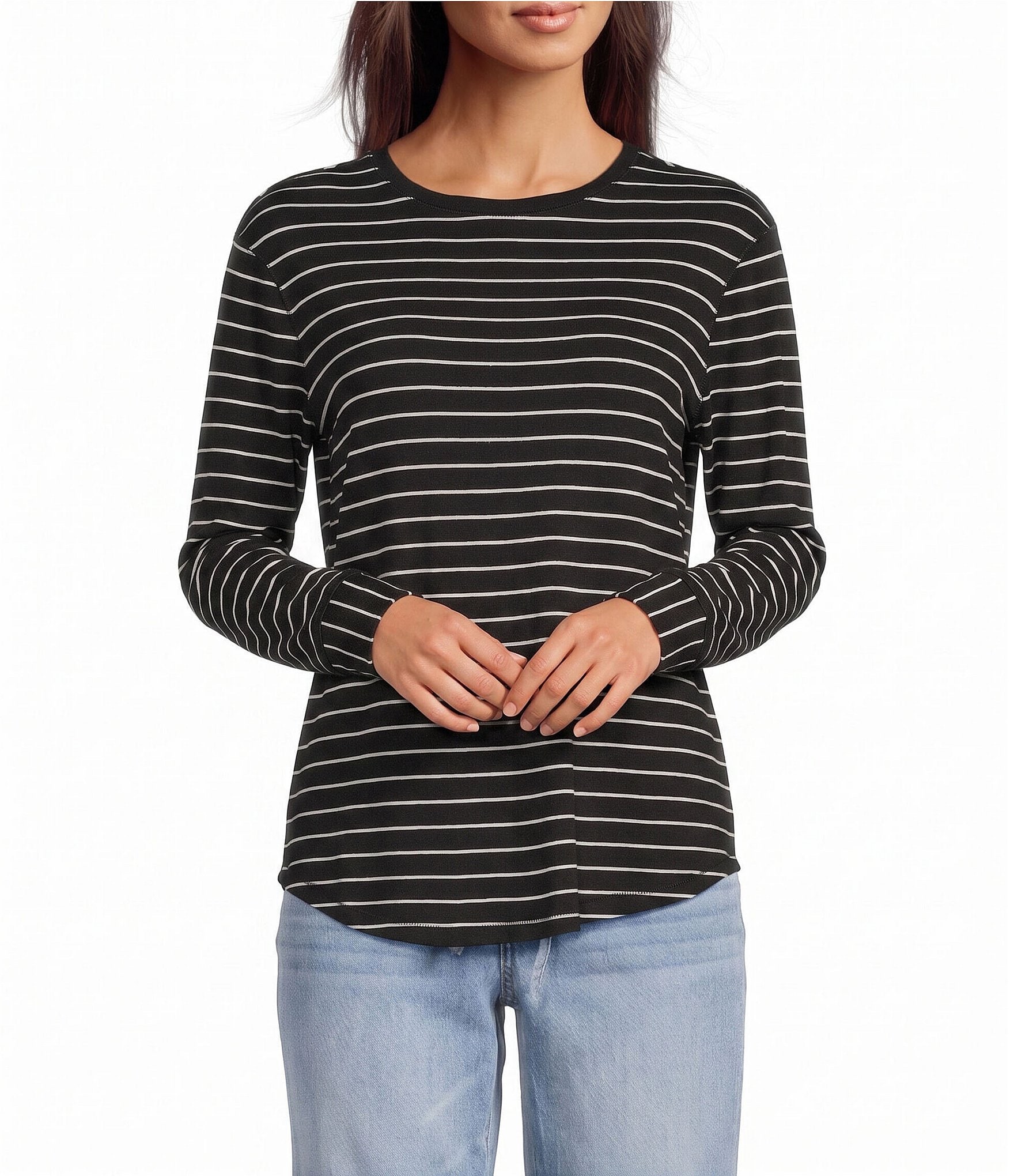 Westbound Striped Long Sleeve Crew Neck Knit Tee