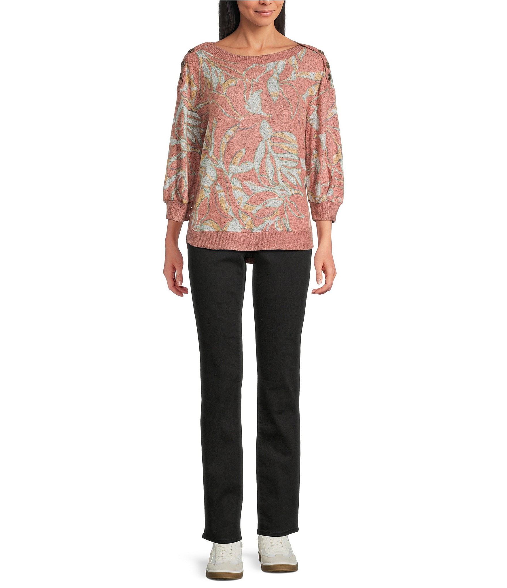 Westbound Sunset Leaf Print Knit Long Sleeve Button Shoulder Pullover Top