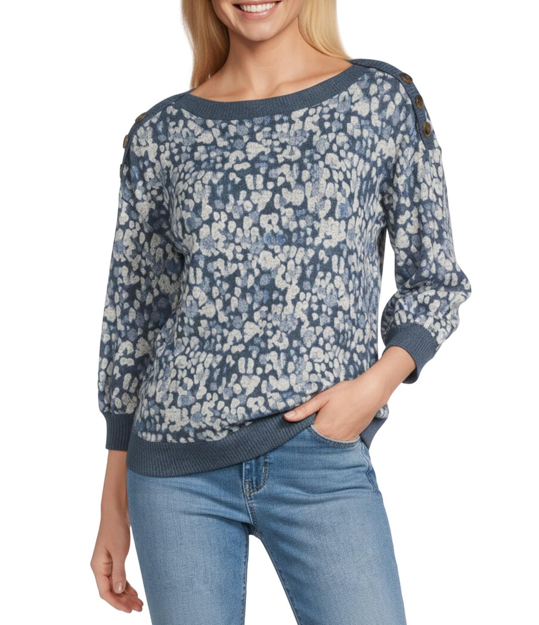 Westbound Tie Dye Drop Print Knit Long Sleeve Button Shoulder Pullover Top