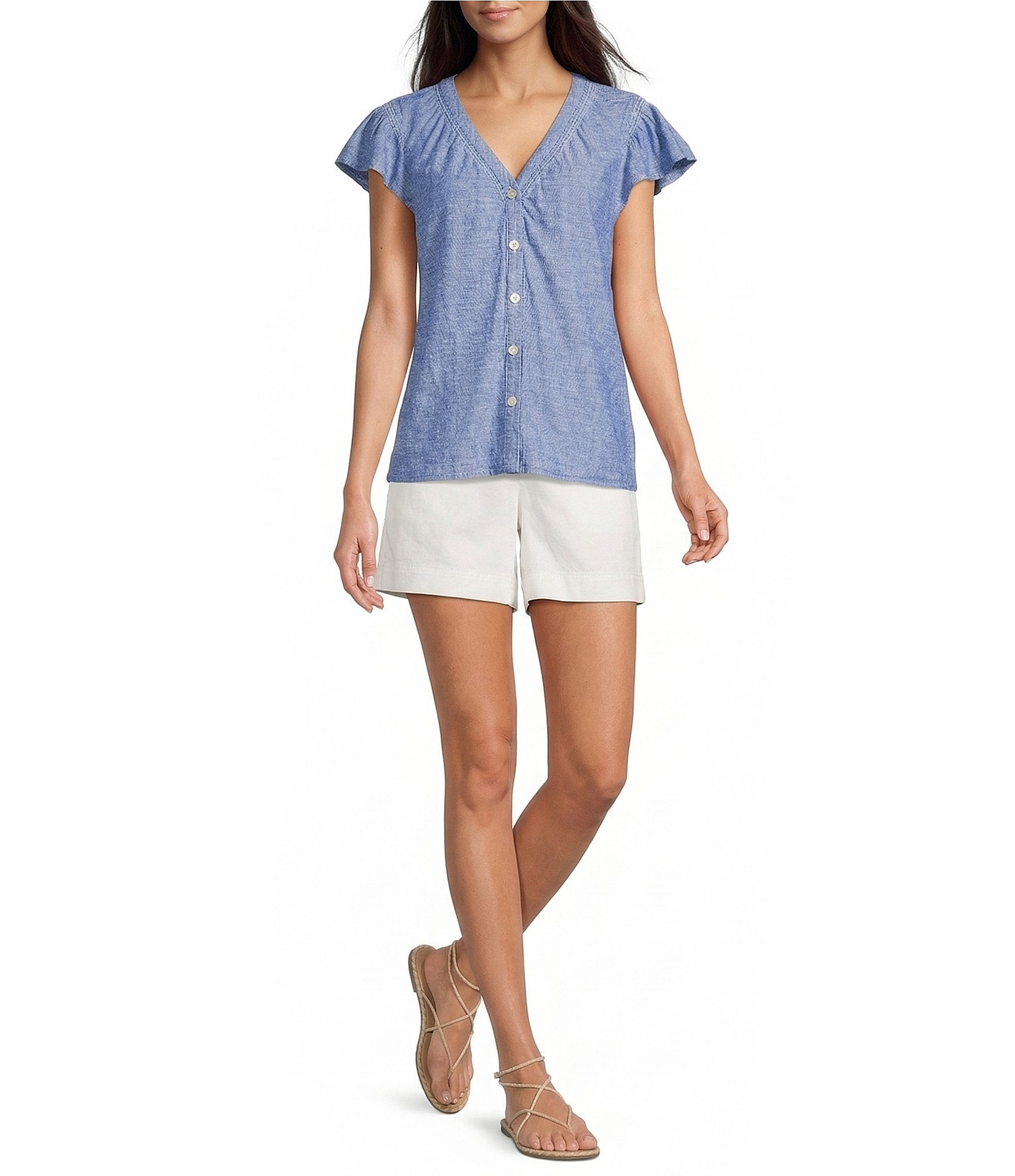 Westbound V-Neck Button Front Flutter Sleeve Top