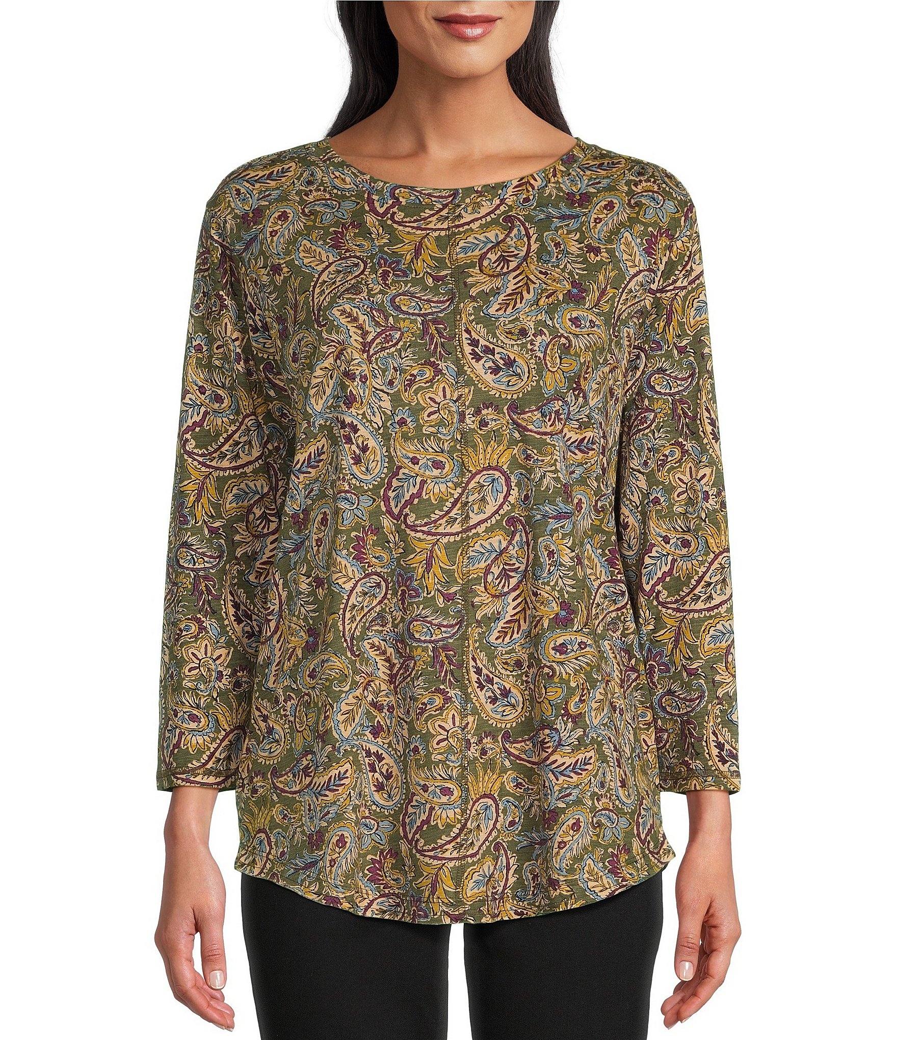 Westbound Vibrant Paisley Print 3 4 Sleeve Knit Crew Neck Top Dillards