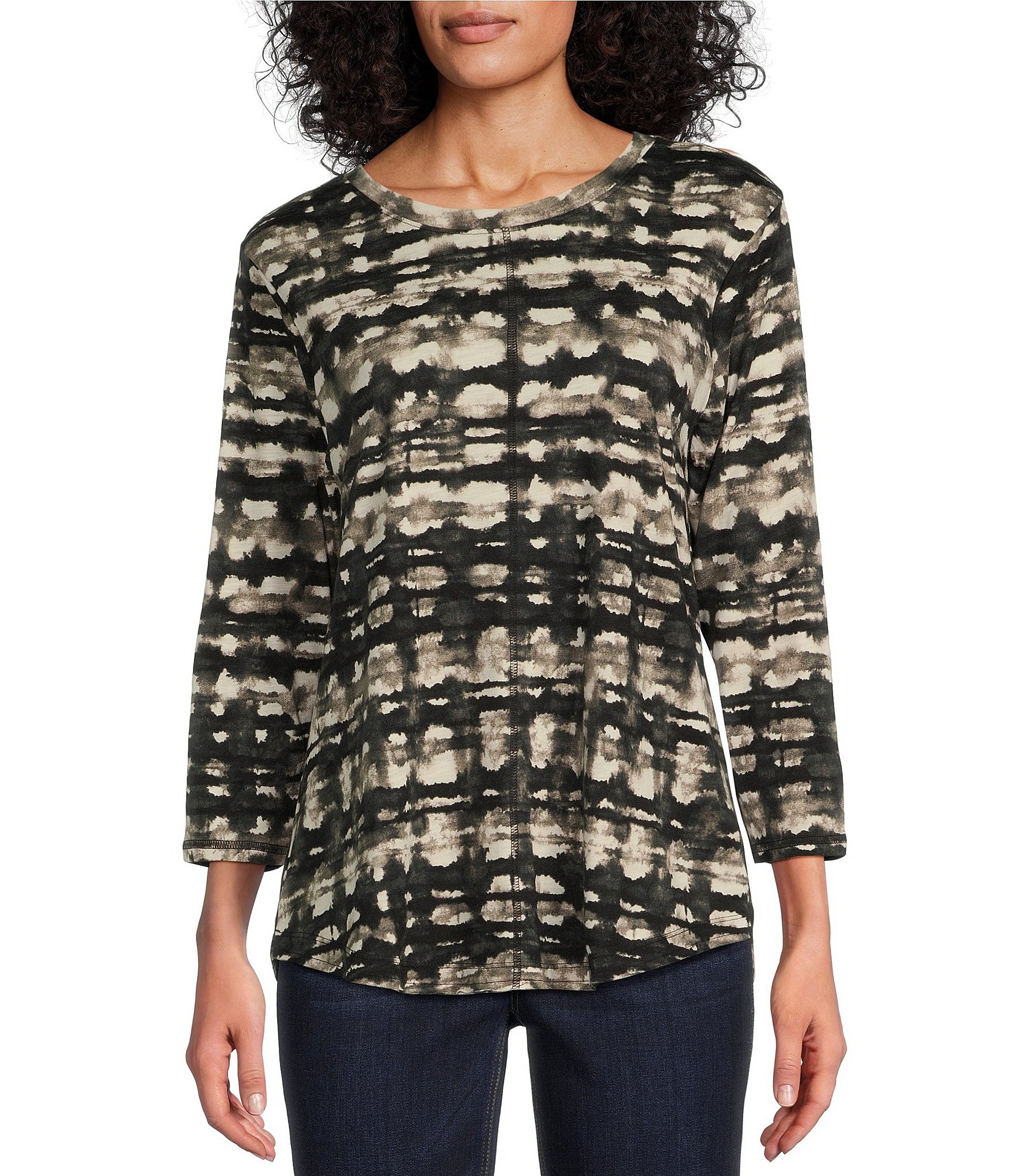 Westbound Watercolor Abstract Plaid Print 3 4 Sleeve Knit Crew Neck Top