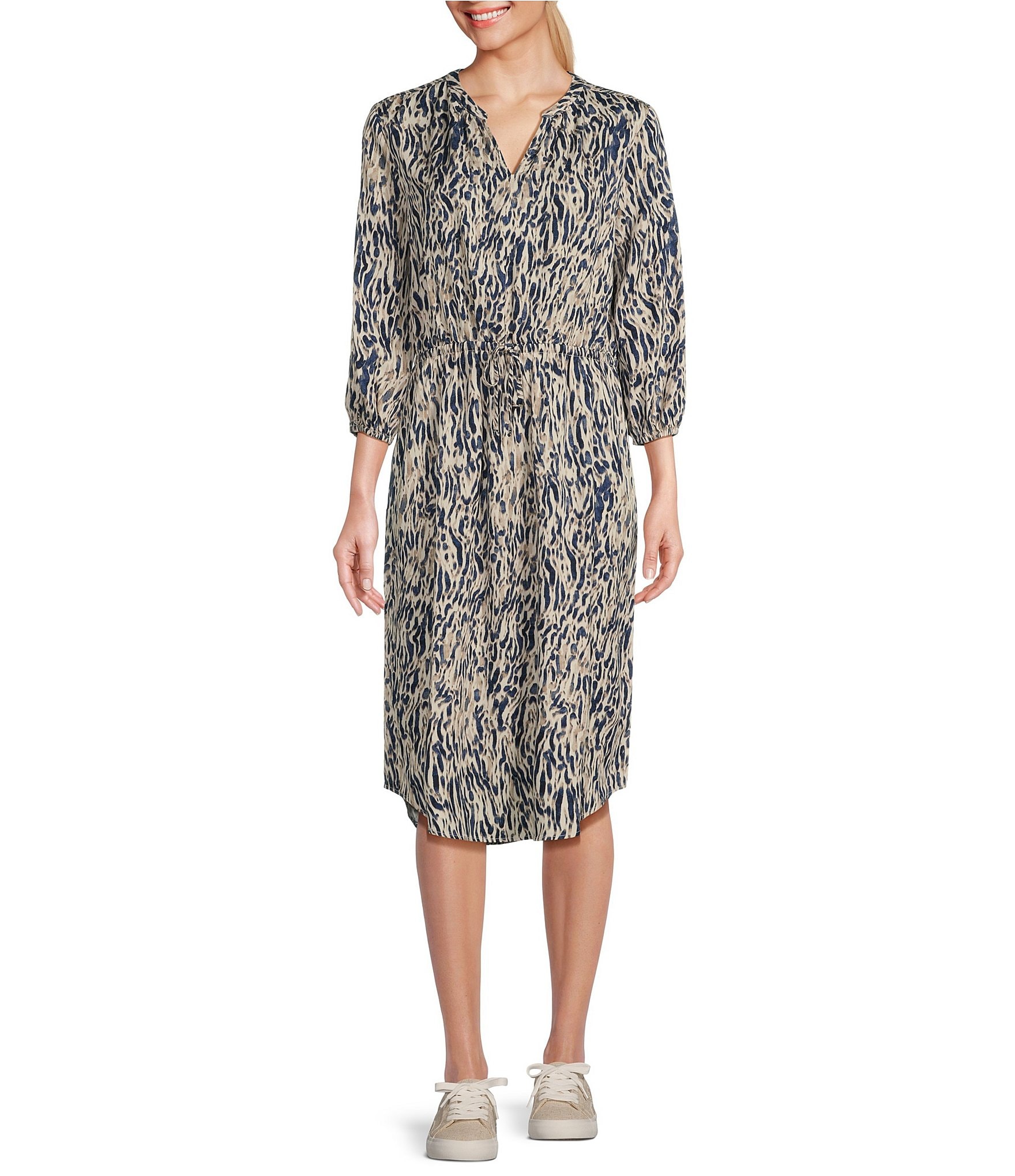 Westbound Woven Sandy Tides Print V-Neck 3/4 Sleeve Midi Dress | Dillard's