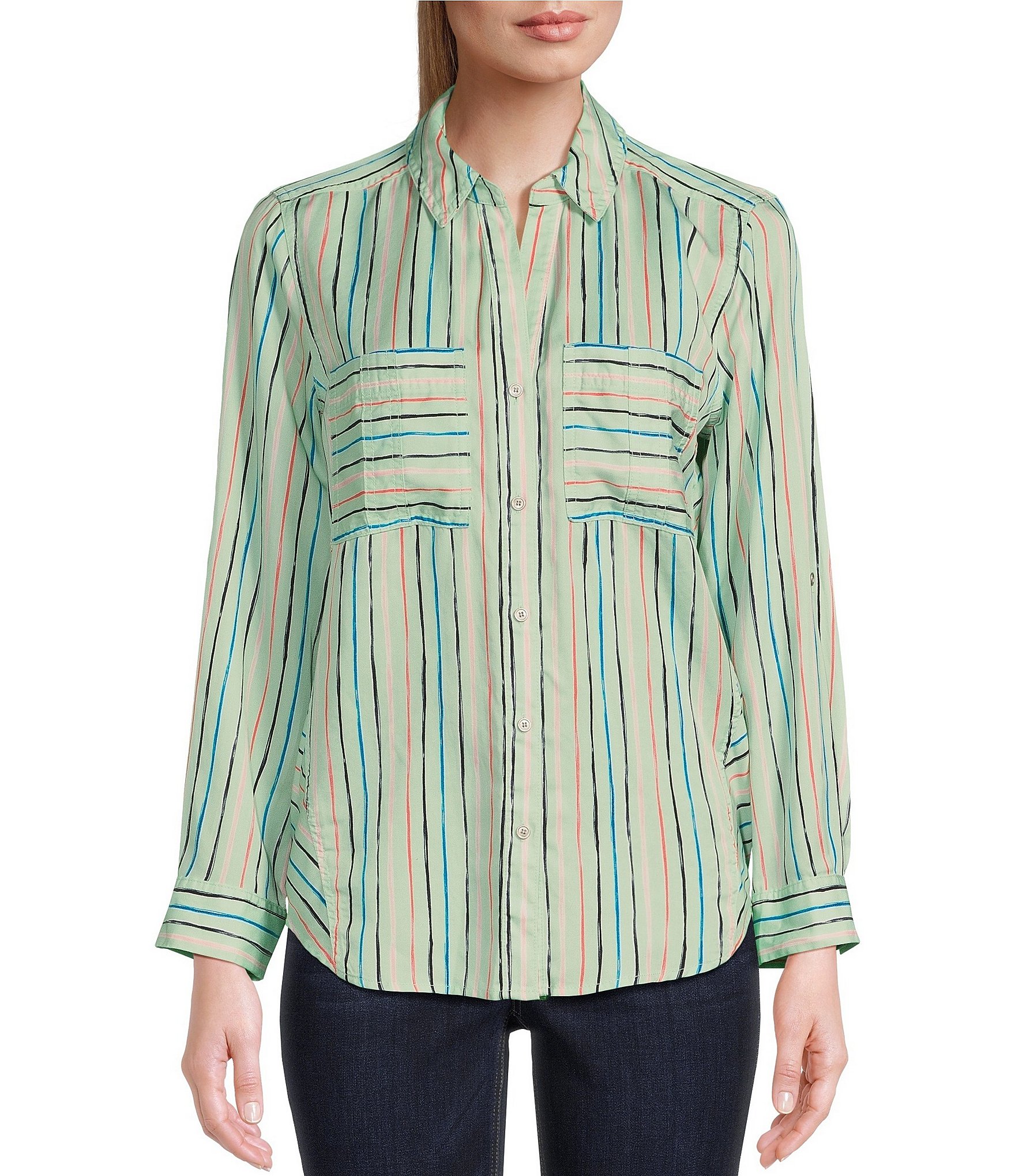 Westbound Woven Stripe Roll Sleeve V-Neck Button Front Top | Dillard's