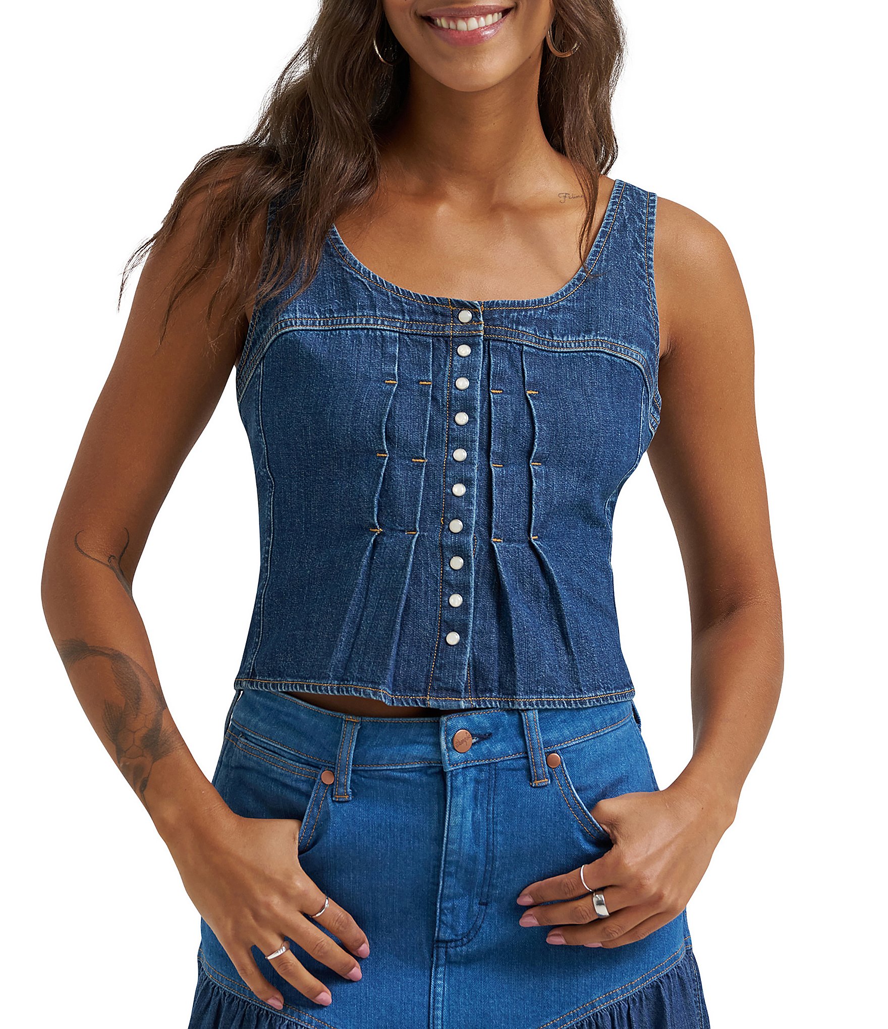 Wrangler Pleated Scoop Neck Sleeveless Button Front Denim Corset Top