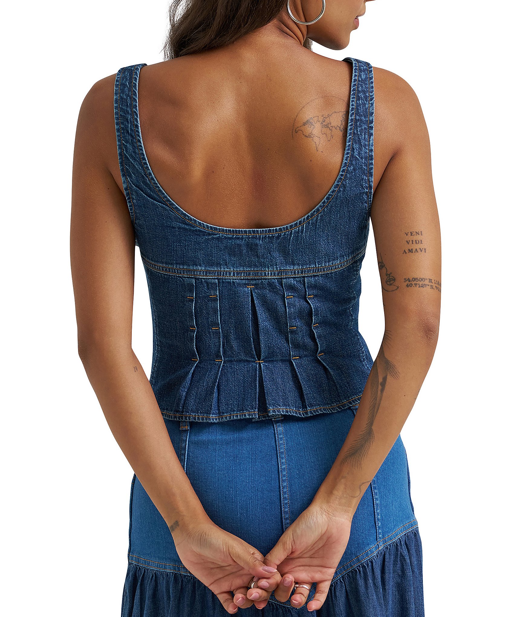 Wrangler Pleated Scoop Neck Sleeveless Button Front Denim Corset Top