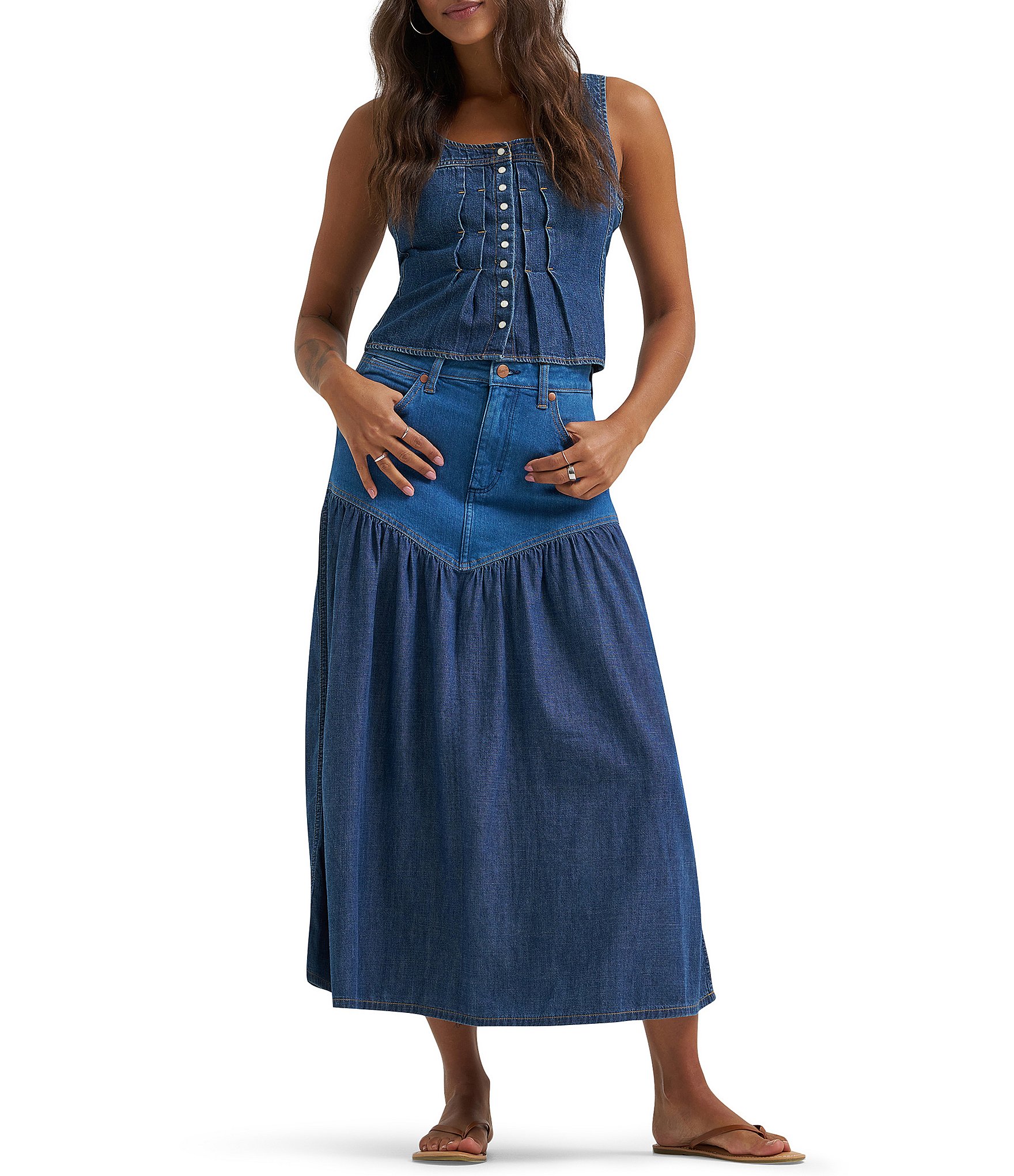 Wrangler Pleated Scoop Neck Sleeveless Button Front Denim Corset Top