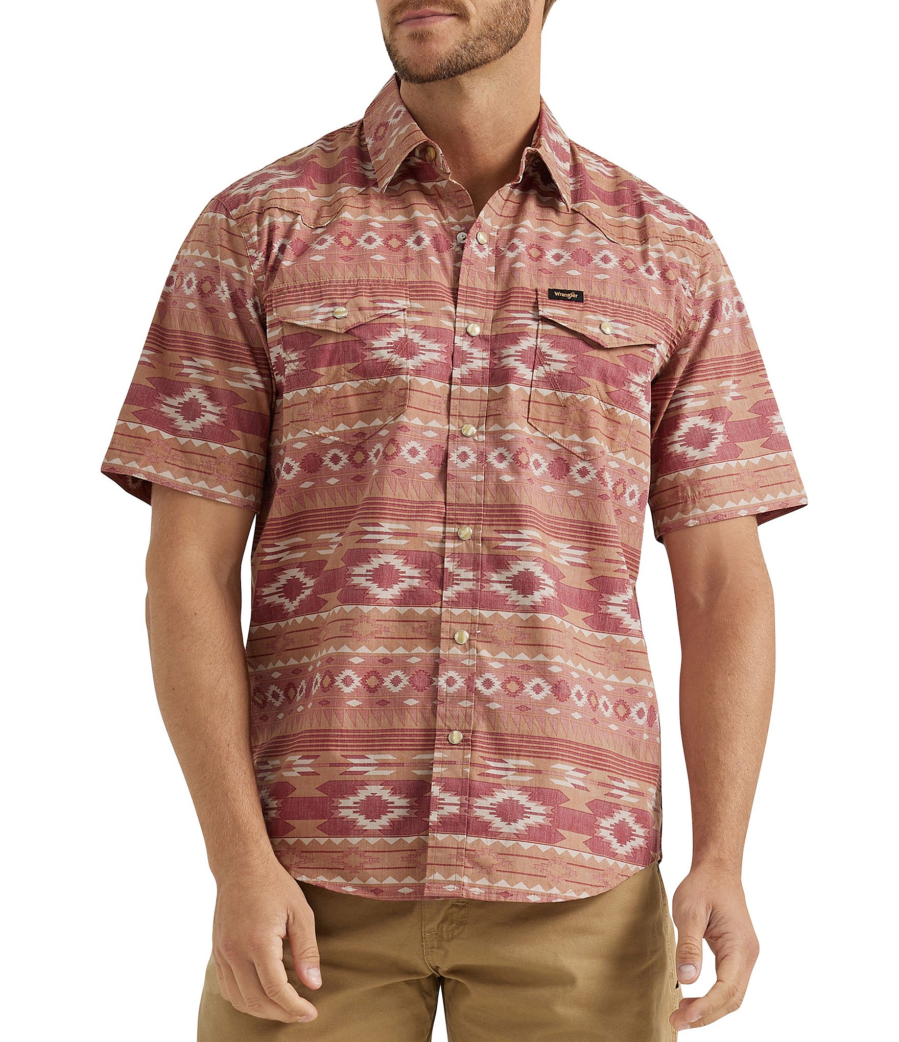 Wrangler® Spread Collar Short Sleeve Printed Poplin Button-Up Shirt