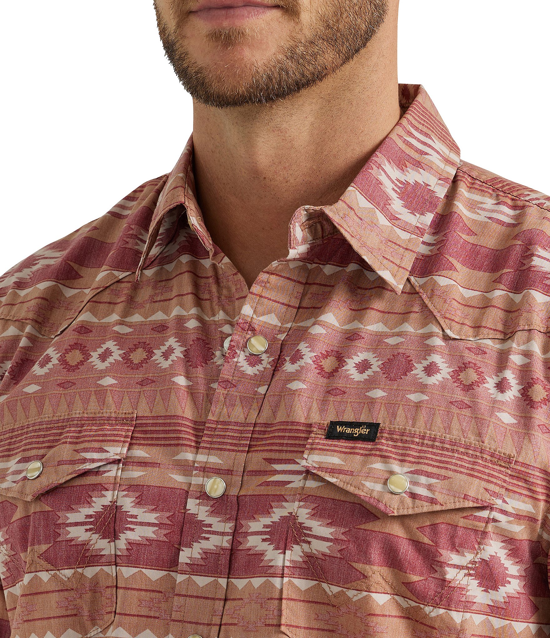 Wrangler® Spread Collar Short Sleeve Printed Poplin Button-Up Shirt