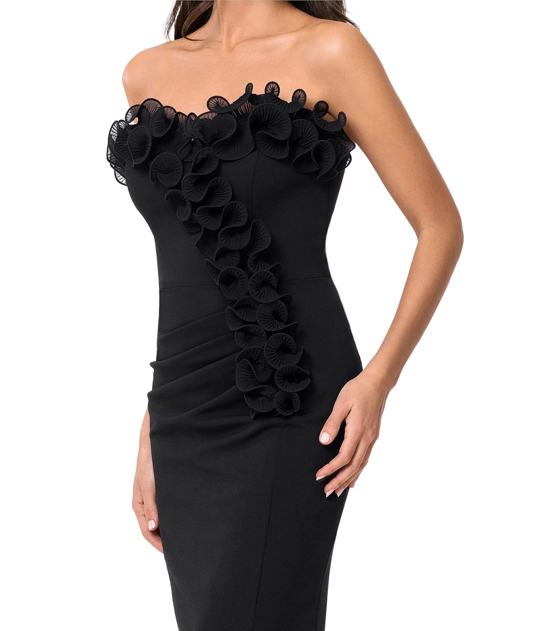 Xscape 3D Ruffle Strapless Midi Dress