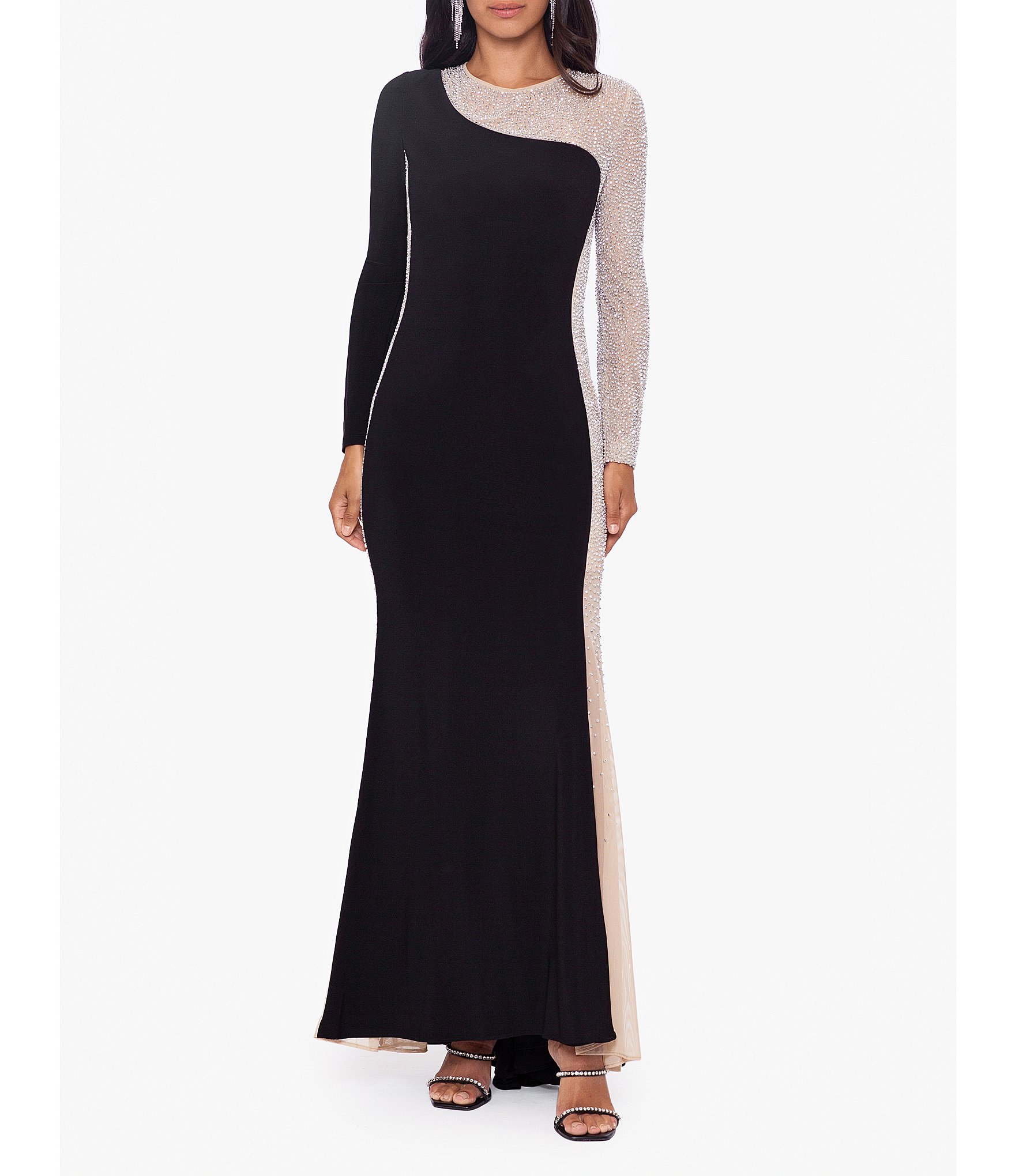 Xscape Beaded Jewel Neck Long Sleeve Dress | Dillard's